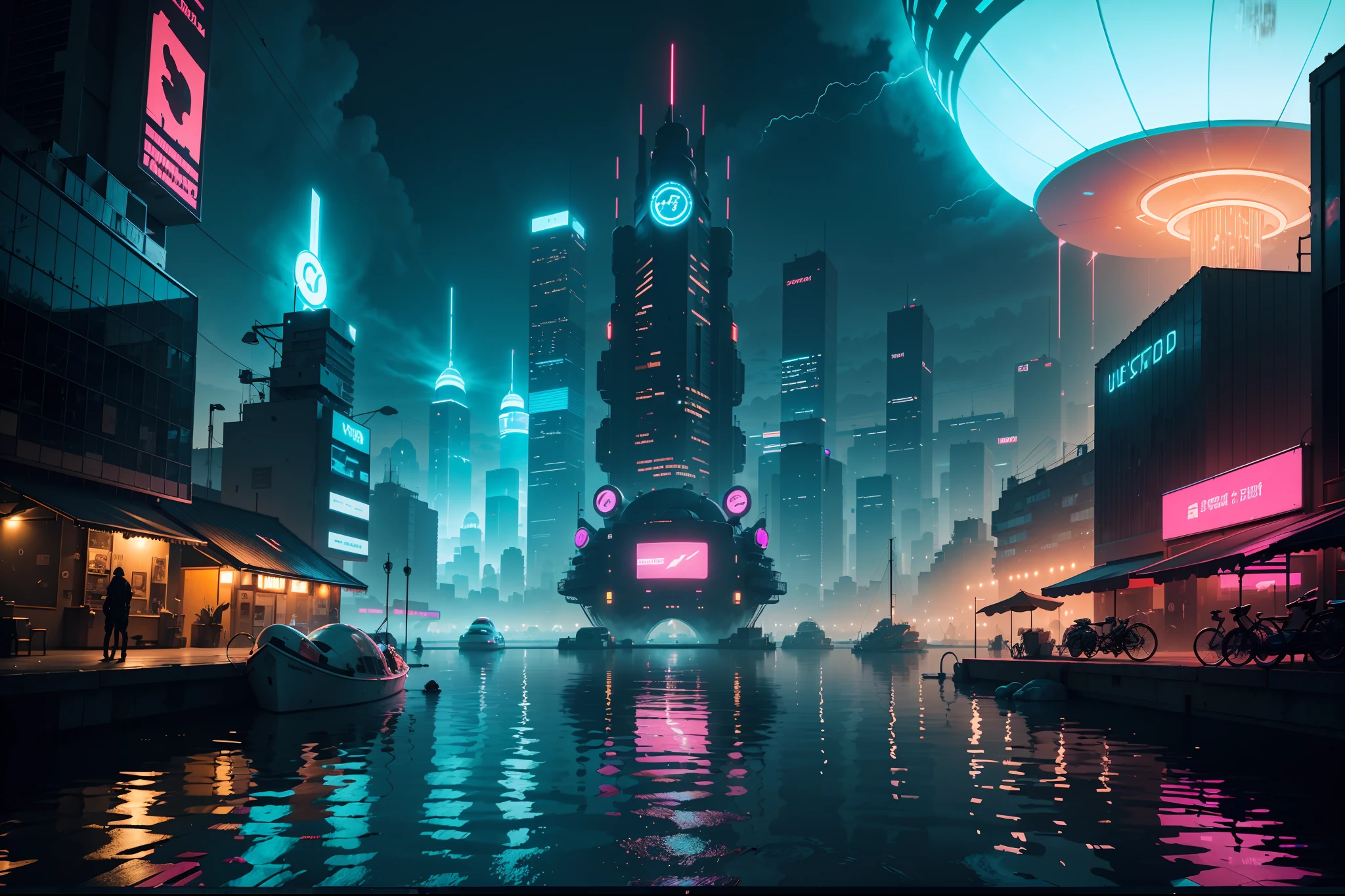 Cyberpunk Floating city, A neon city built on water, neon water effects, cyberpunk neon city on water 24K UHD display graphics, wide angle shot, neon glowing and shining effects, AI computer tower built on water, ocean, landscape