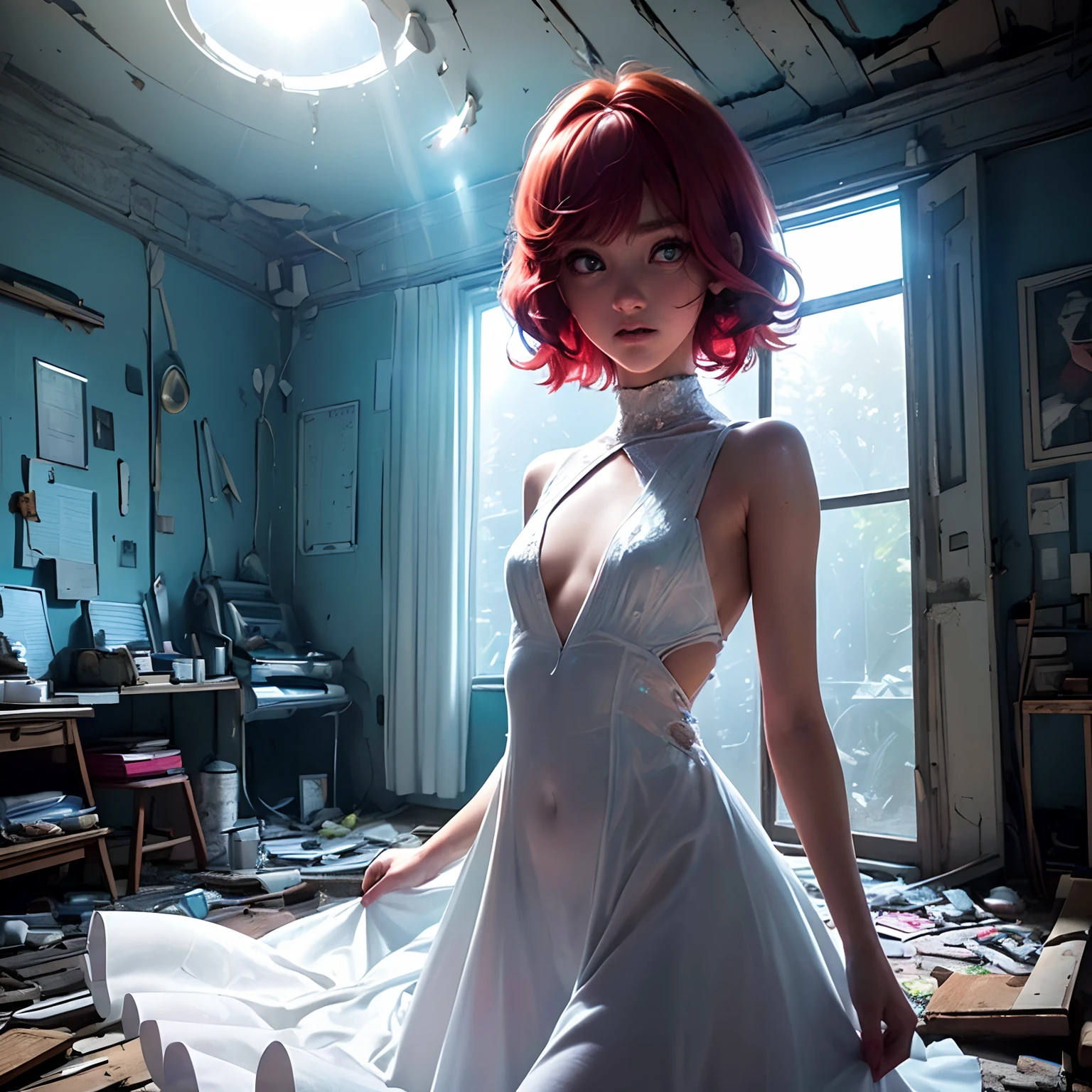 (((High quality))), (((Ultra-detailed))), ((upperbody shot)), 15yo girl, ((Ultra-detailed face)), ((Beautiful face)), ((Pretty Face)), ((Glowing eyes)), ((looking distantly)), ((Wearing a thin white dress that transmits light)), ((The contours of the body are visible through the dress)), (((the shape of the chest is noticeable))), (((Light is shining on the face))), Dark blue eyes, Big eyes, long eyelashes, peaceful face, small nose, Red hair, Short hair, (flat chest), Inside an abandoned house, ((Sunlight shines through a broken window in the background)), (((Psychedelic lights fly around abandoned rooms))), (((Lens Flare)))