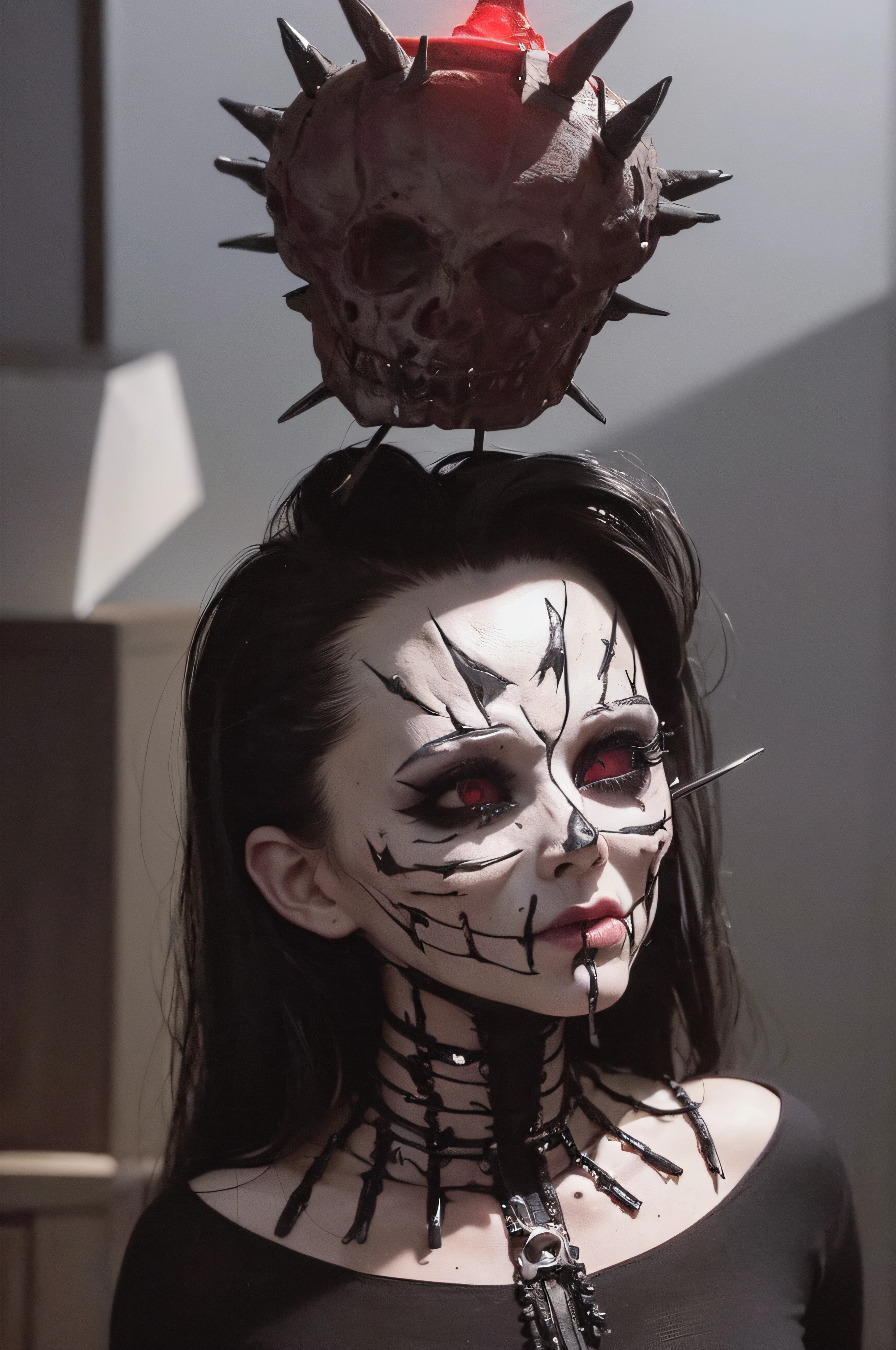 "(The best lighting, oscuro, dramatic),(feto calavera alien, Hellraiser, Cicatrices, , sexy, cerebro, sangre, una rata dentro de la cabeza, terror.),(ojos rojos, calaveras). morning light.