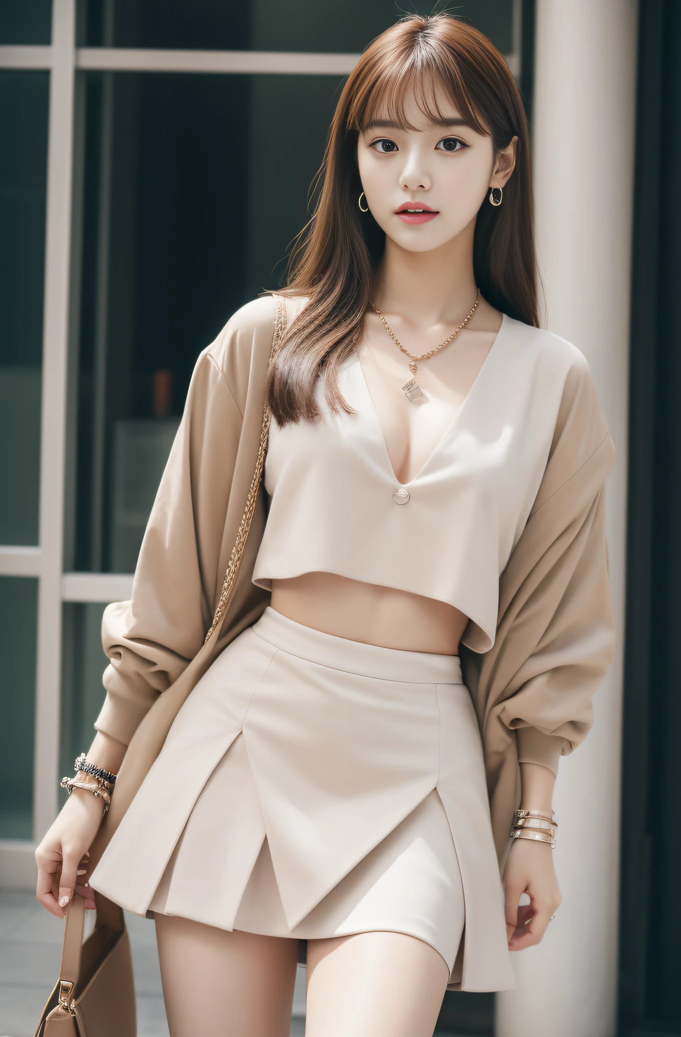 surrealistic、top-quality、 超A high resolution、Nikon Z 85mm、(｛（Raw foto:1.2）｝)natural soft light、profetional lighting、 realisitic、Super live-action、Photorealistic miniskirt、Perfect raw legs、delicate legs、 perfectly proportions、A sexy、 ulzzang -6500-v1.1, detailed beautiful faces、A detailed eye,Detailed lips,Beautiful eyebrows,perfectly proportions、Japanese ido,Korean Idols,18 year old beautiful woman revealing fashion, Fashion influenced by Namie Amuro,Amler,Amler Women,,９０Wearing the trends of the times,micromini skirt,Wear platform boots,City of Shibuya, Women with good style,Ideal woman,The shape of the chest is beautiful,１Woman,Necklaces that match fashion,A bracelet,piercings,gyuru