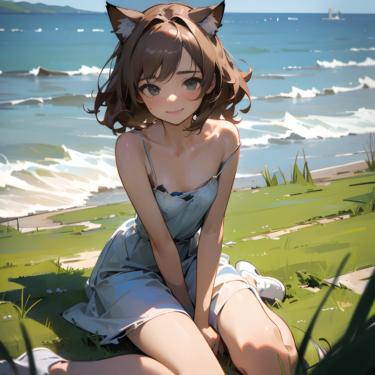 ((Masterpiece)),(Professional Photography:1.2), 8K, cinematic lighting, very messy medium hair, Cute teenage Beautiful girl, ((sit on the ground, the seaside with grass)), (exposed small breast), badly ragged and torn dirty oversized white-camisole, (Slender small breasts, very happy face), Textured skin, cat ears, Pale brown hair, slum