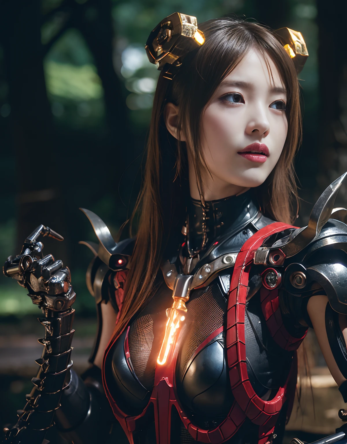 Professional , masterpiece、top-quality、photos realistic , depth of fields 、(Dragon Red Metal Body:1.9),(Enamel Red、(cleavage of the breast)、Dragon Gold Weapon、(Red Micro Bikini Armor:1.4),Gorgeous gold weapons ,(( Dragon's dense and gorgeous sword)) , (demonic wings)、((a blond))、(Castle background)、((Gangle's forest background))、((Fight dragons))、Beautiful Caucasian beauty、1a person、dynamic ungle,(((Detailed and ornate dragon helmet)))、Smaller head、A smile、Castle background、Thin and beautiful female hands、cleavage of the breast、Soldier in iron armor on background、Mystical expression、Light Effects、intense fighting、Wind-effect、magic circles、With the legendary magic wand、Dragon's tail、explosions、Anatomically correct body、