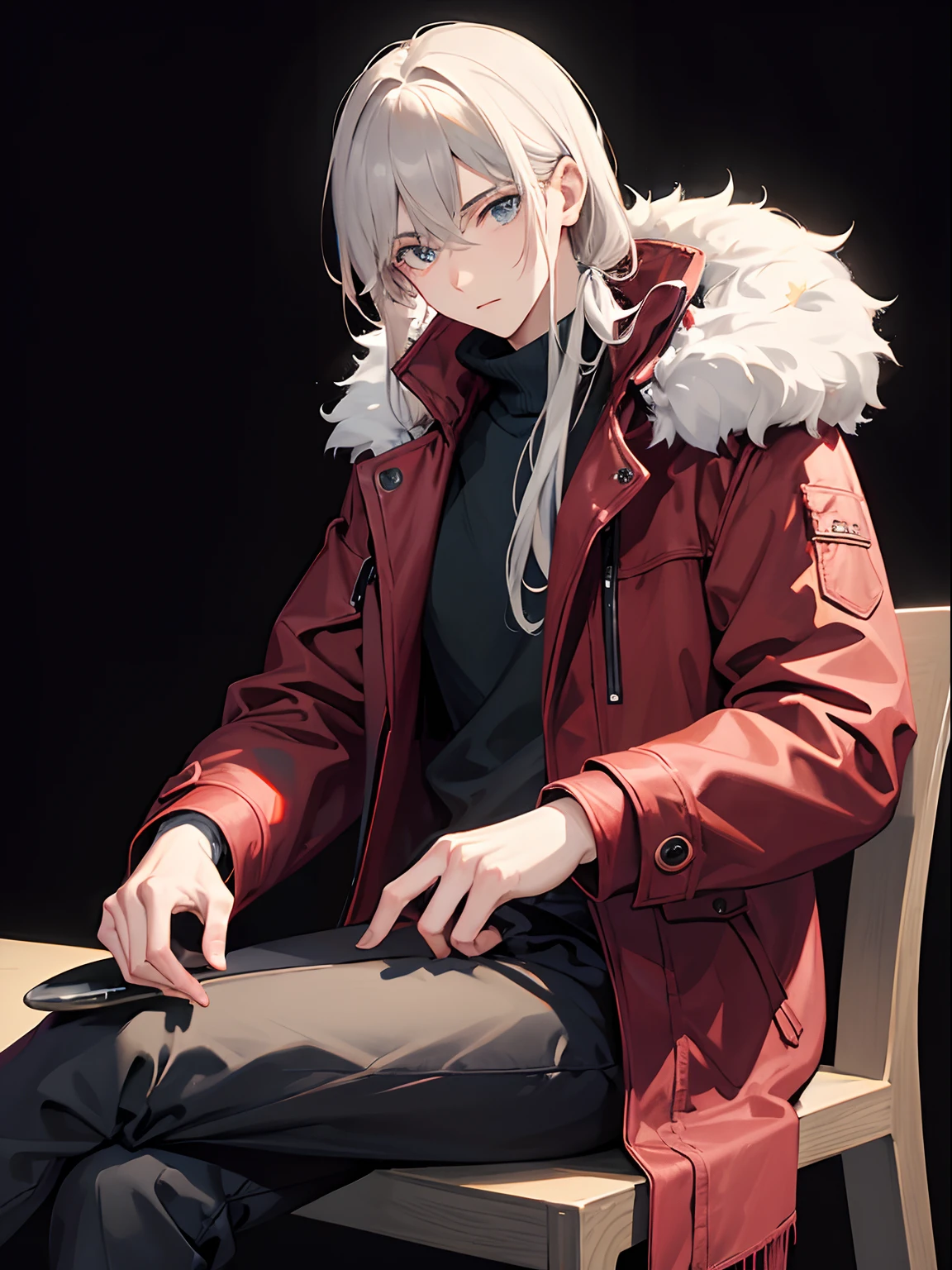 1man, sit crossing leg, wine, winter coat, black background