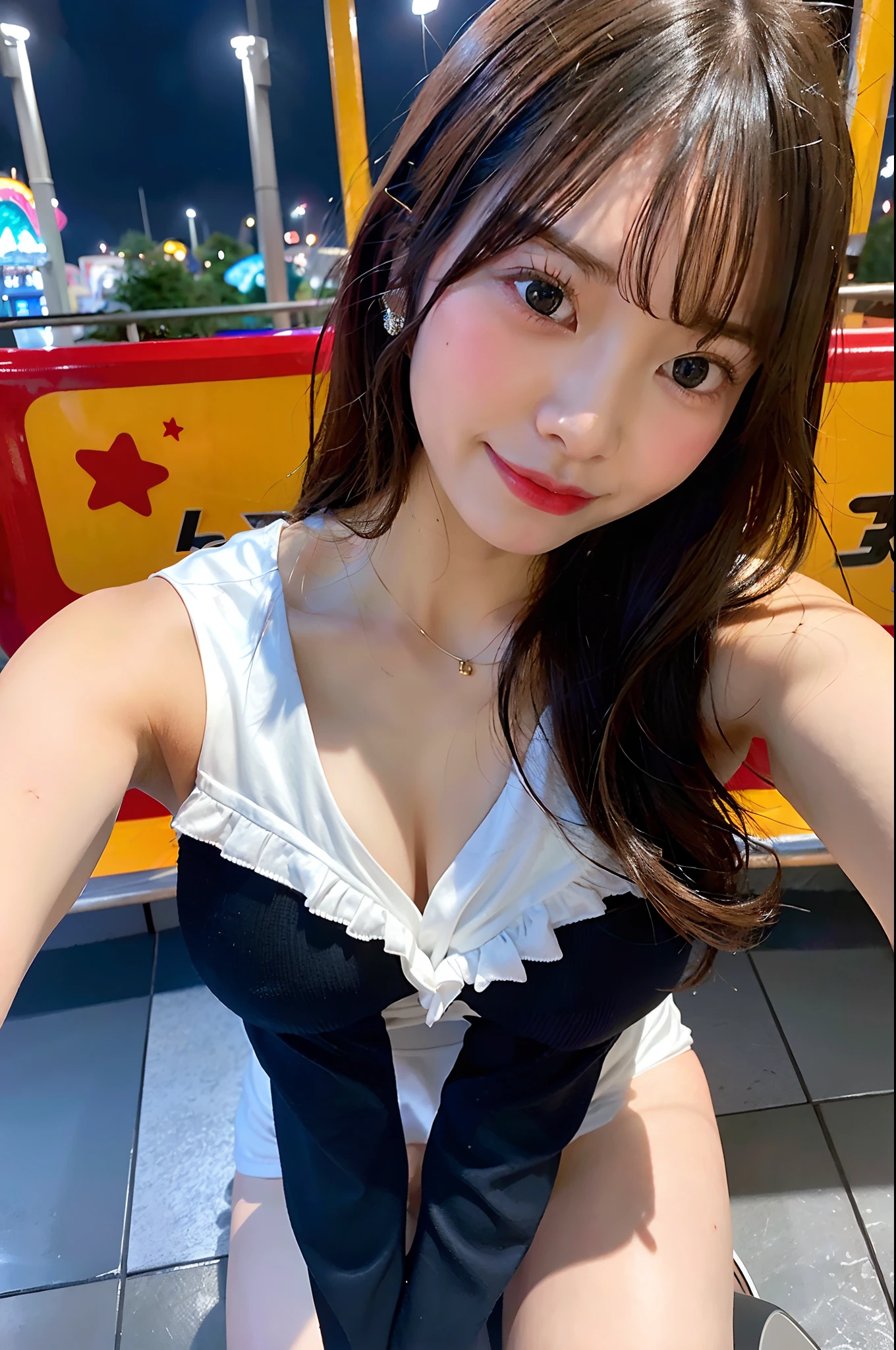 (top-quality、8K、32K、masuter piece、nffsw:1.2)、profile、(slim figure:1.2)、(s lips) 、18year old、kawaii pose、Incredibly ridiculous、(An amusement park:1.3)、Colossal tits、二重まぶた、shinny skin、Realistic rays、mare、beauitful face、(A smile:1.3)、crouching down、(From  above:1.2)、(a closeup:1.4)、blurry backround、(Front Focus)、(Dark: 1.6)、Fantasy Art、photoRealstic、Professional Lighting、extra detailed face、Award-winning、deep-shadows、natta