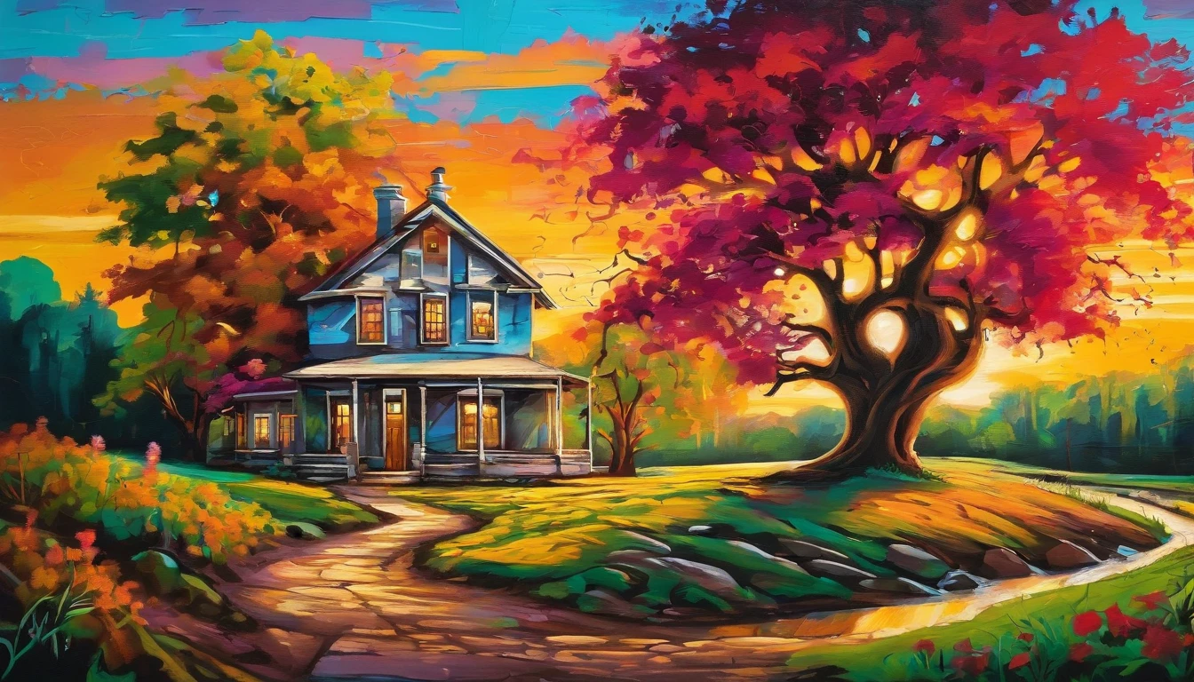 Farmhouse under a big tree by the stream, Sunset, Oil painting, Classic style, Rich colors, Brush Strokes, Vibrant textures, Expressive portrait, Dynamic composition, Capture light and shadow, Artistry, Timeless beauty.