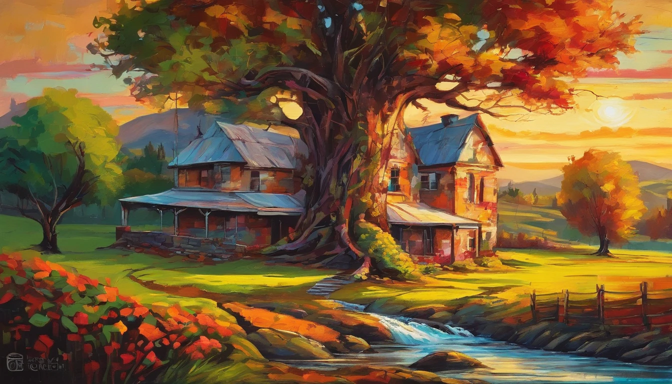 Farmhouse under a big tree by the stream, Sunset, Oil painting, Classic style, Rich colors, Brush Strokes, Vibrant textures, Expressive portrait, Dynamic composition, Capture light and shadow, Artistry, Timeless beauty.