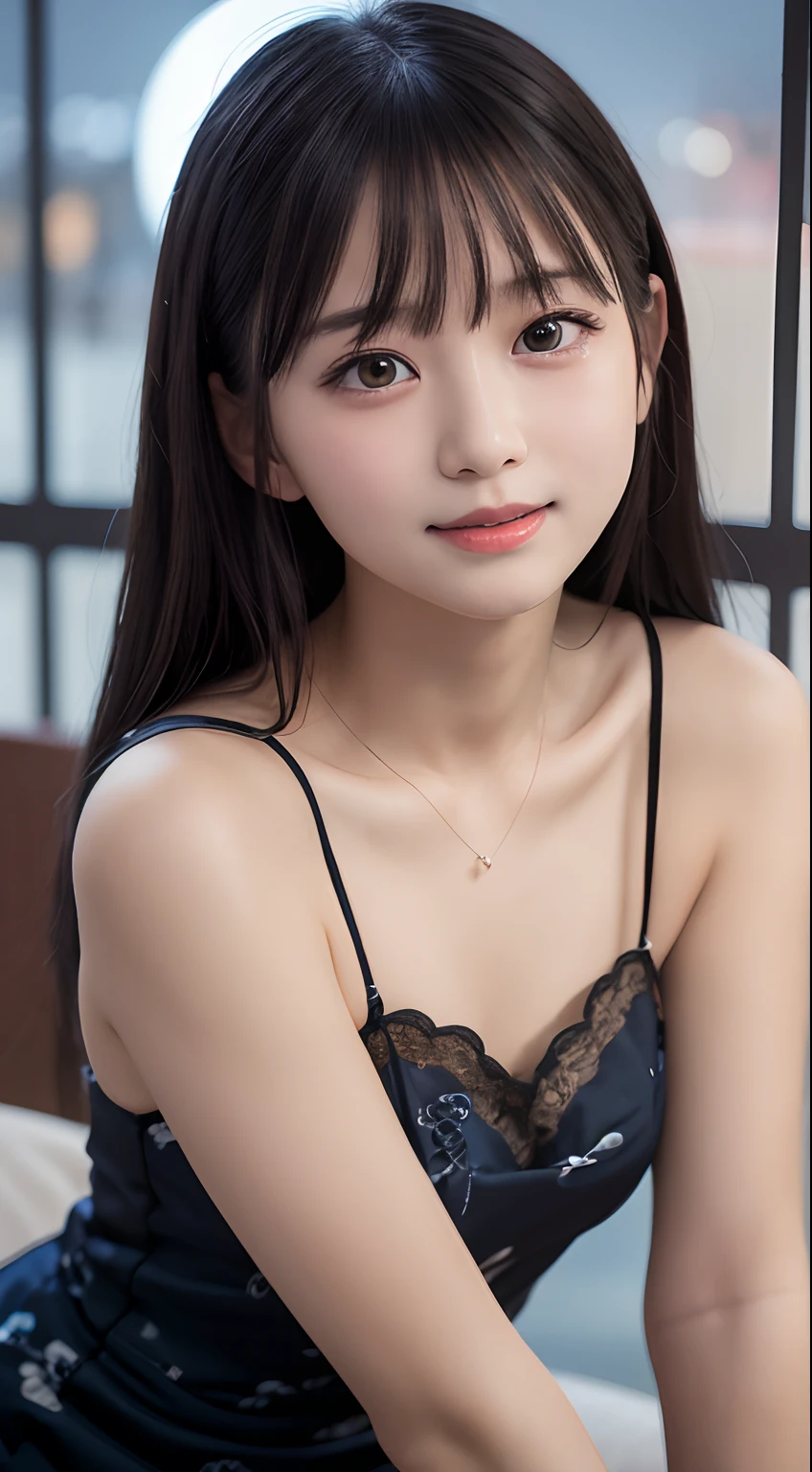 ((Night、Real Light、top-quality、8k picture、​masterpiece:1.3))、Beautiful girl with normal body shape:1.4、(Golden head hair、Burst breasts:1.4)、(Wearing black underwear:1.4)、Lying in bed、large full breasts、Open legs、 are small 、hyperdetailed face、Detailed eye、Dark eyeliner、huge smile、耳Nipple Ring、Small necklace、bangle、Look at your audience、bangss、Blushing cheeks、Enraptured look、Beautiful teeth alignment、