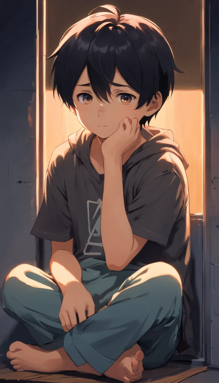 a poor little boy sitting, sad eyes, sad face, helpless, sad, detailed face, black hair, black background