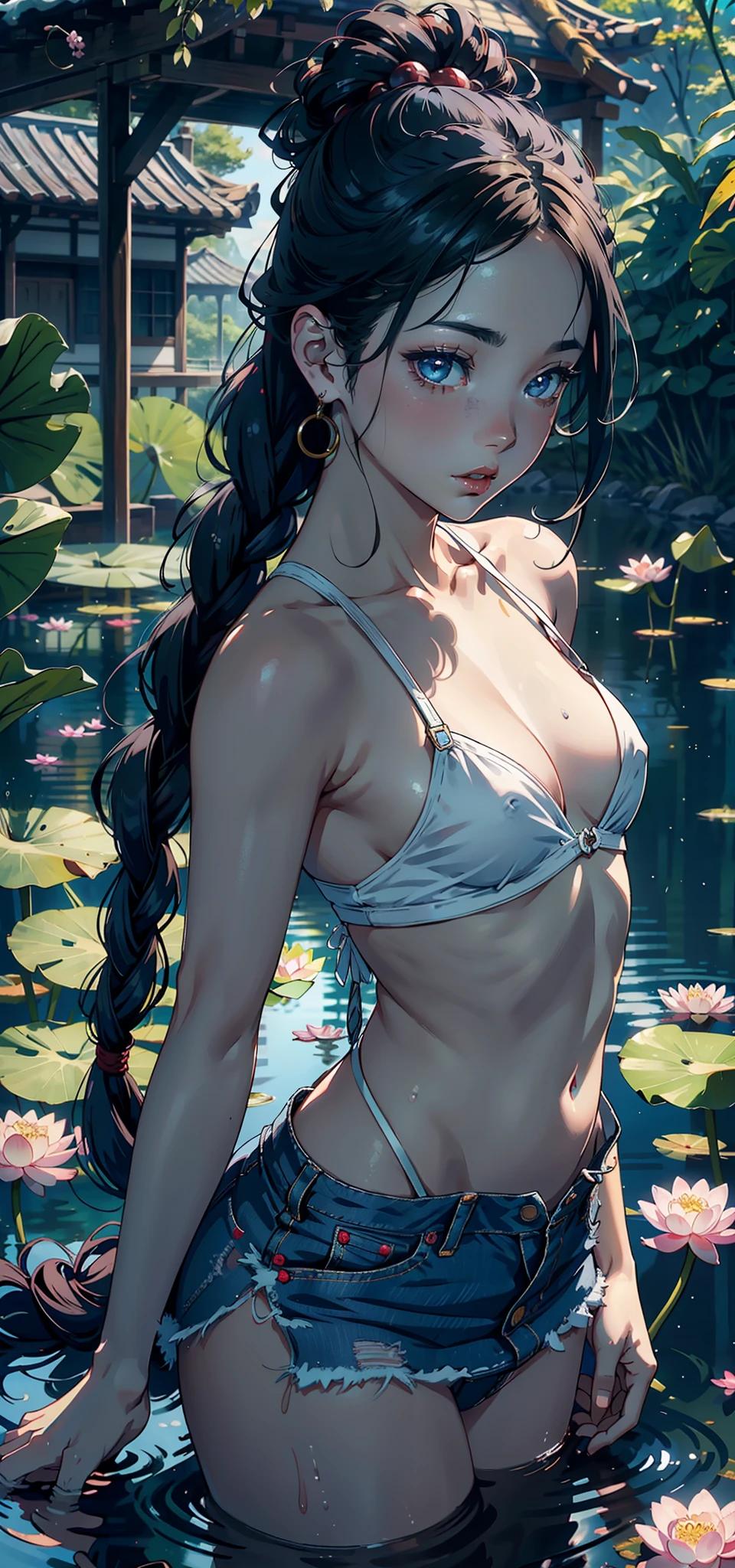 Small (Background with:ponds,Cherry blossom forest,lotus flower)Lie underwater, She has long black hair,Twist braids,seen from the front,mostly cloudy sky,(((tmasterpiece),(Very detailed CG unity 8K wallpaper),best qualtiy,cinmatic lighting,detailed back ground,beatiful detailed eyes,Bright pupils,Blue eyes,Snow-whiteskin,Redlip(Very fine and beautiful),(Beautiful and detailed eye description),ultra - detailed,tmasterpiece,))facing at camera,A high resolution,ultra - detailed),revealing breasts,Bare genitalia, Bulge,legs are open,Raised sexy,Camel toes,Desire for dissatisfaction,frontage,(Wearing :耳Nipple Ring, jewely, Denim apron, Bare )