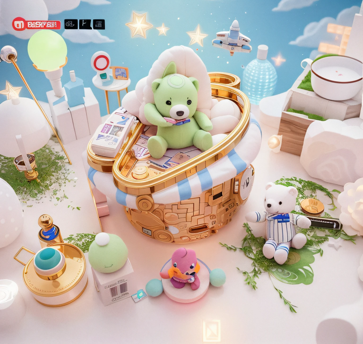There is a picture of a toy space station and a teddy bear, trending on cgstation, cute 3 d render, smooth 3d cg render, Cute detailed digital art, trending at cgstation, 3 D CG, 3D CG, 3d render digital art, 8 K cartoon illustration, digital art render, lie on white clouds fairyland, promotional render