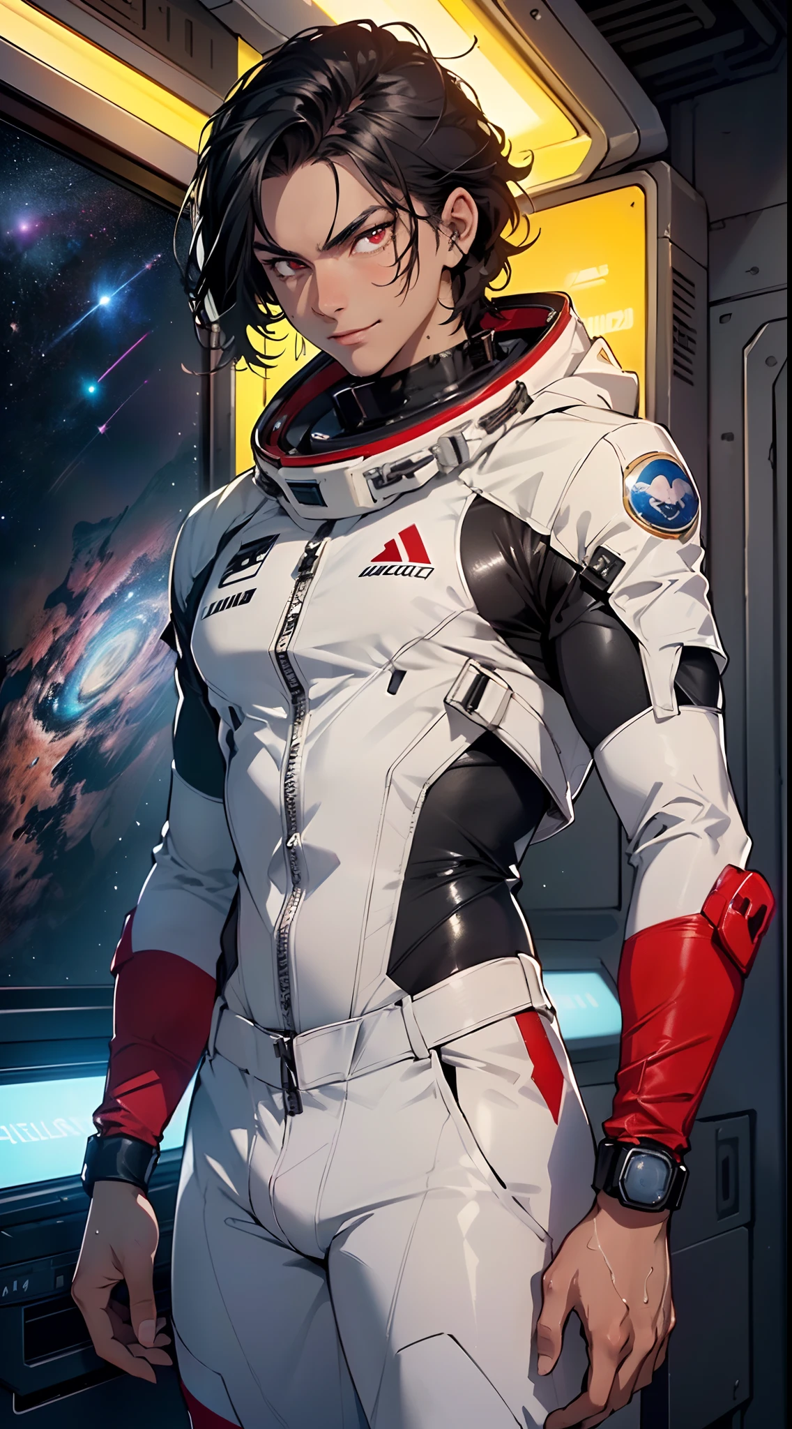 (man:1.5),1 man,space adventure man,(((1man))),
(((1male,man:1.5,handsome man,male,male gender:1.5,male focus))),macho man,
((large black hair,disheveled hair,red hair,black hair,two-tone hair,slicked hair)),(((lustrous skin:1.5,tanned skin,bright skin: 1.5,skin tanned,shiny skin,very shiny skin,shiny body,illuminated skin))),(((red_eyes:1.2))),intricate eyes,beautiful detailed eyes,symmetrical eyes,man chest,handsome face,((muscular,muscular man)),(((detailed face))),
alluring look,nsfw,
space suit pants,((bulge in pants)),((space suit outfit, red space suit,short sleeve spacesuit)),(wearing a space suit outfit:1.3,space suit clothes),((wet clothes,intricate outfit,intricate clothes)),
(dynamic pose:1.0),solo focus,((evil smile,evil look)),(centered,scale to fit dimensions,Rule of thirds),
cyberpunk city by the ocean at night, with bright neon signs and dark stormy clouds and puddles, scenery:1.25,
highres, sharp focus, (ultra detailed, extremely detailed), (photorealistic artwork:1.37),(extremely detailed CG unity 8k wallpaper),((synthwave background theme)),(((vibrant colors))),(intricate background),(masterpiece),(best quality),