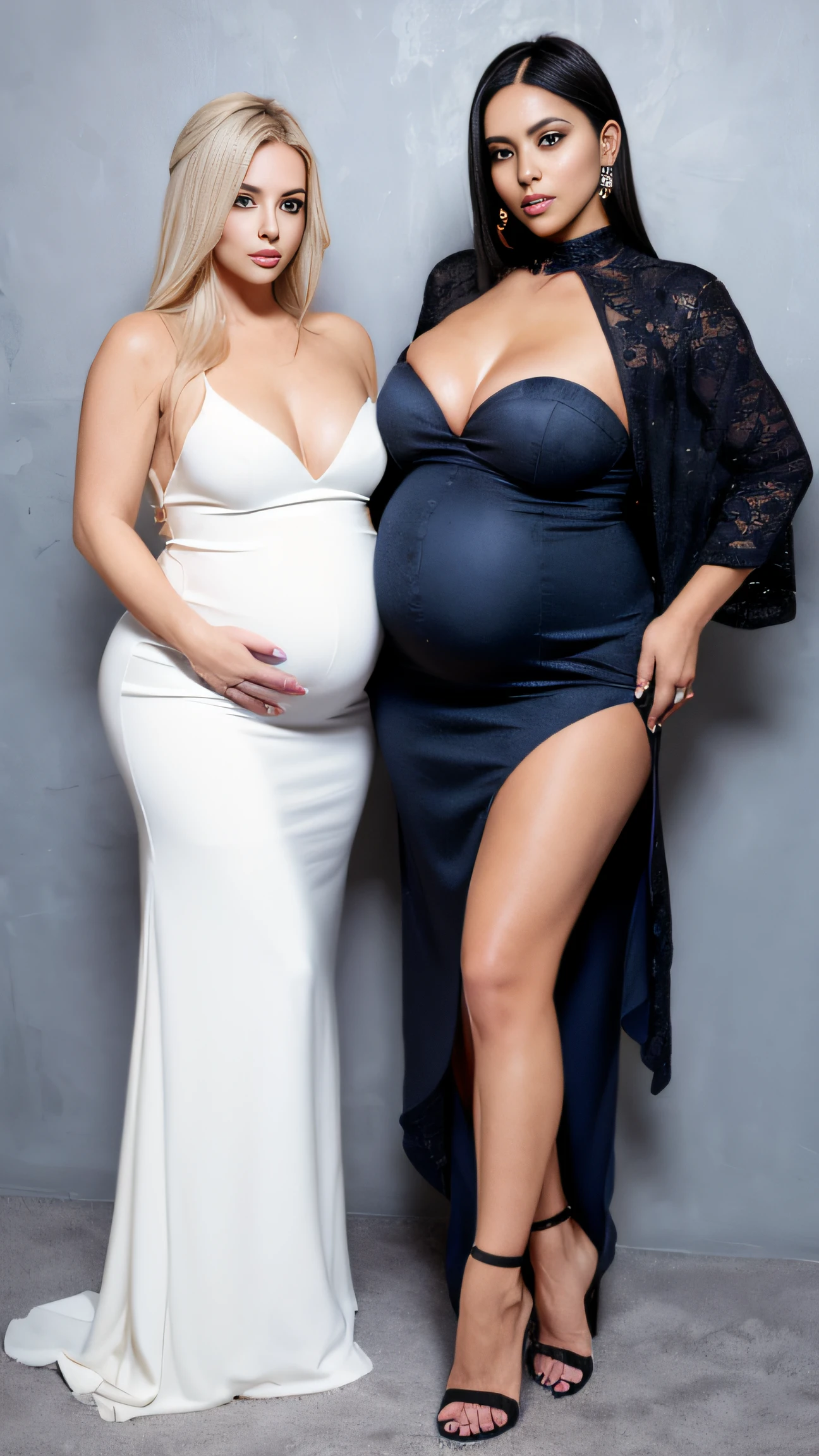 Very dark piste background, Dark Blue Eyeshadow, White eyeliner, Dark lips, Glaring expression, Standing, high-heels, Pregnant women, Photo of platinum blonde woman, Incredibly big, Golden dress, beautiful thick female, very plump body, seductively looking in front,