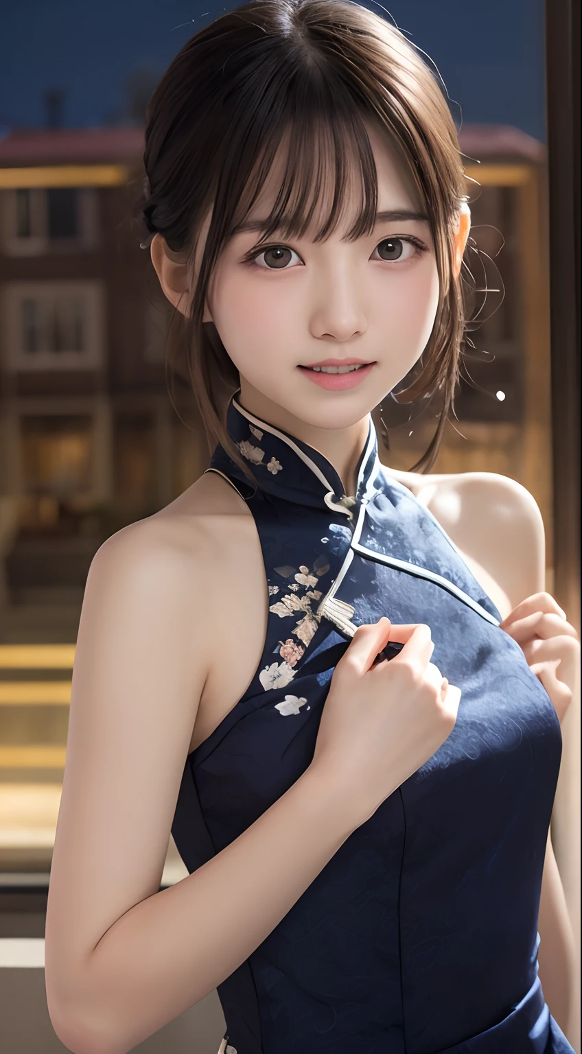 masutepiece, Best Quality, 8K, 10yaers old, Teen, Raw photo, absurderes, award winning portrait, Smile, Solo, (Night:1.8), Idol face, violaceaess, Delicate girl, Upper body, Digital SLR, Looking at Viewer, Candid, Sophisticated,Thin arms, Professional Lighting, Film grain, chromatic abberation, (Eyes and faces with detailed:1.0), (Bokeh:1.1) , (qipao dress:1.1) , closes mouth
