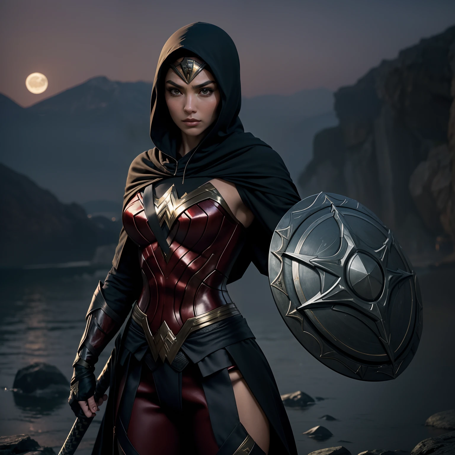 A skilled and stealthy ninja adorned in a detailed Wonder Woman costume, clutching a gleaming katana and shield, concealed beneath the hood of their assassin's cloak. The moon illuminates their gorgeous surroundings, creating a serene and captivating scene. Embrace the beauty of the night and capture the essence of this realistic and detailed moment.