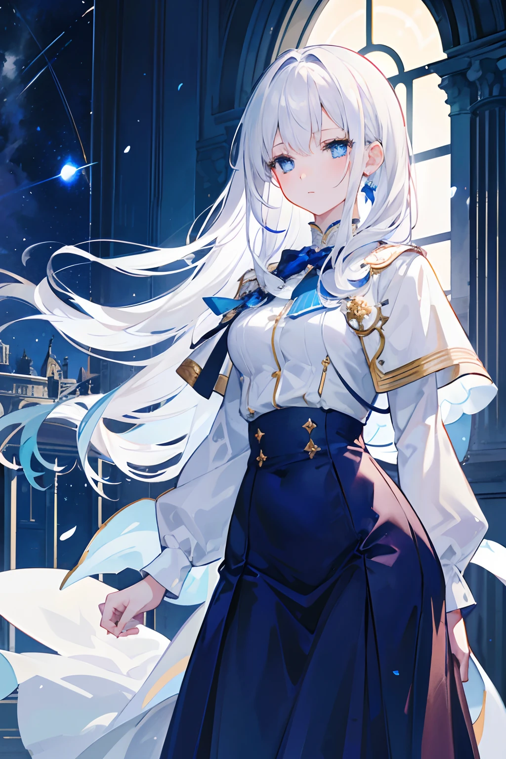 Masterpiece, Best quality, The most meticulous and exquisite, high resolution CG illustration, Fantasy atmosphere, Beautiful and delicate,Standing by the balcony,Wear a white school uniform jacket,blue color eyes, A melancholy look, Glittering starry sky, gentlesoftlighting, Romantic, Wind,white color hair)