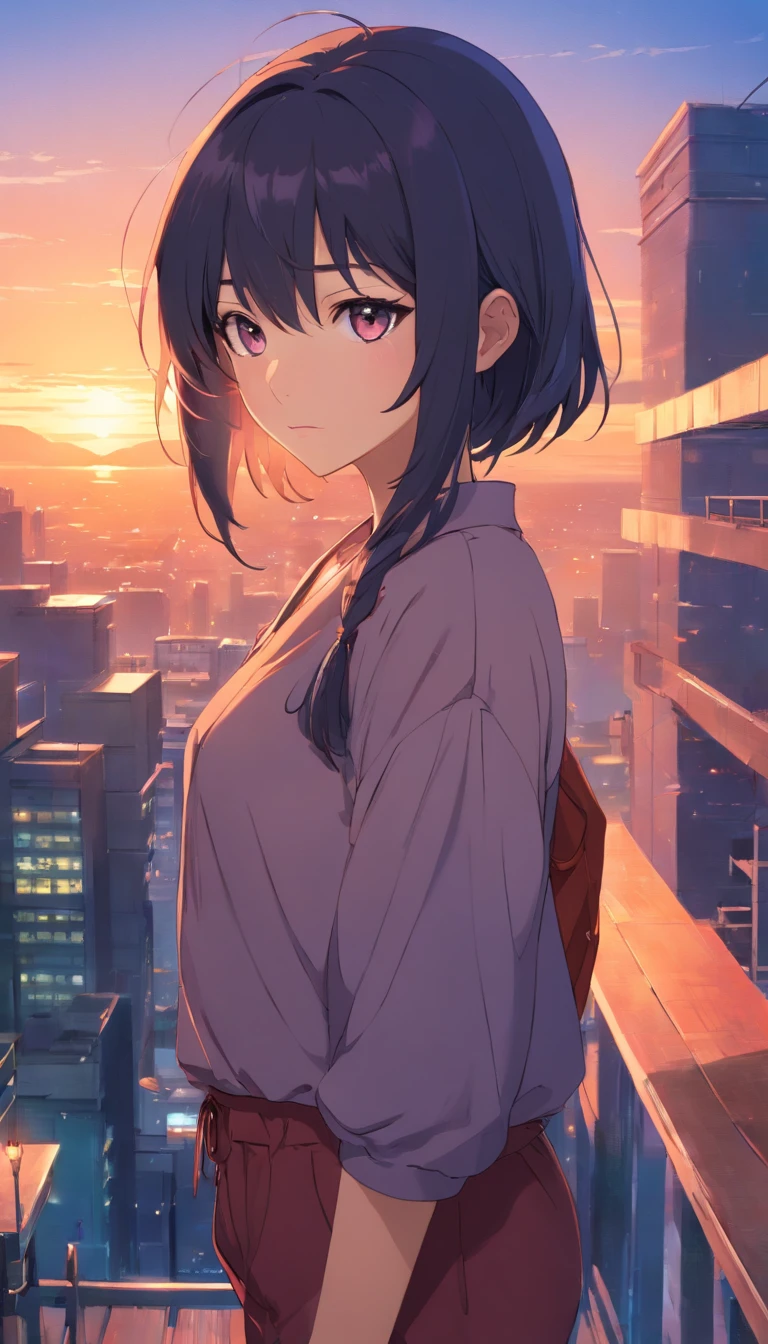 Masterpiece, Best quality, cinematic Film still from, 1girll, monstergirl, Raven woman, full bodyesbian, Portrait, Detailed (Eyes), Long (Hair), Perfect body, Proportional body, crow|raven wings, deep look, Wearing (Tops and pants), Close-up,  Cool soft lighting, Sunset, (Aura:0.7)