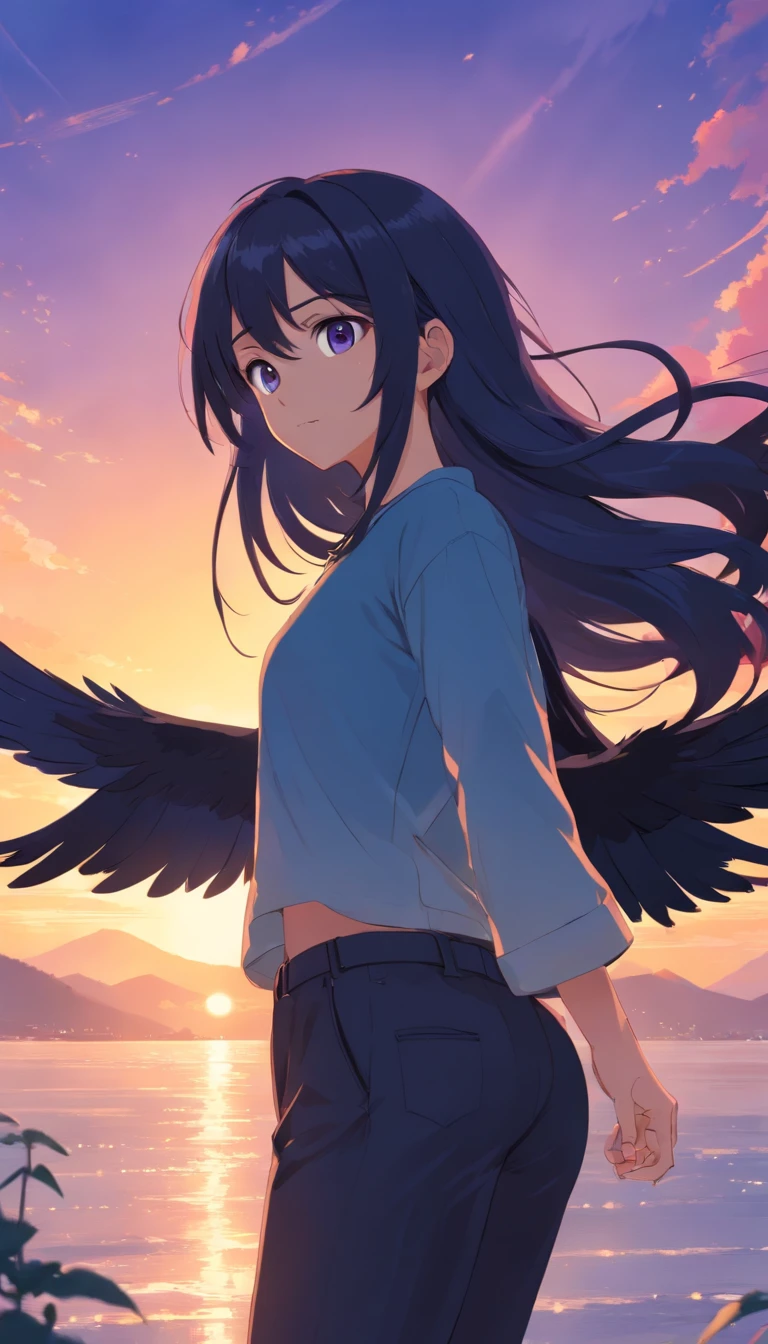Masterpiece, Best quality, cinematic Film still from, 1girll, monstergirl, Raven woman, full bodyesbian, Portrait, Detailed (Eyes), Long (Hair), Perfect body, Proportional body, crow|raven wings, deep look, Wearing (Tops and pants), Close-up, Cool soft lighting, Sunset, (Aura:0.7)