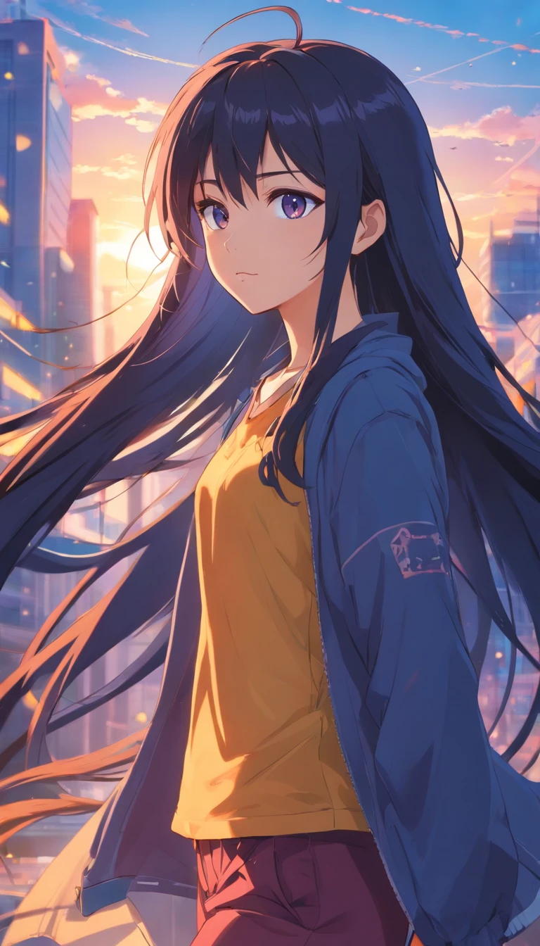 Masterpiece, Best quality, cinematic Film still from, 1girll, monstergirl, Raven woman, full bodyesbian, Portrait, Detailed (Eyes), Long (Hair), Perfect body, Proportional body, crow|raven wings, deep look, Wearing (Tops and pants), Close-up,  Cool soft lighting, Sunset, (Aura:0.7)