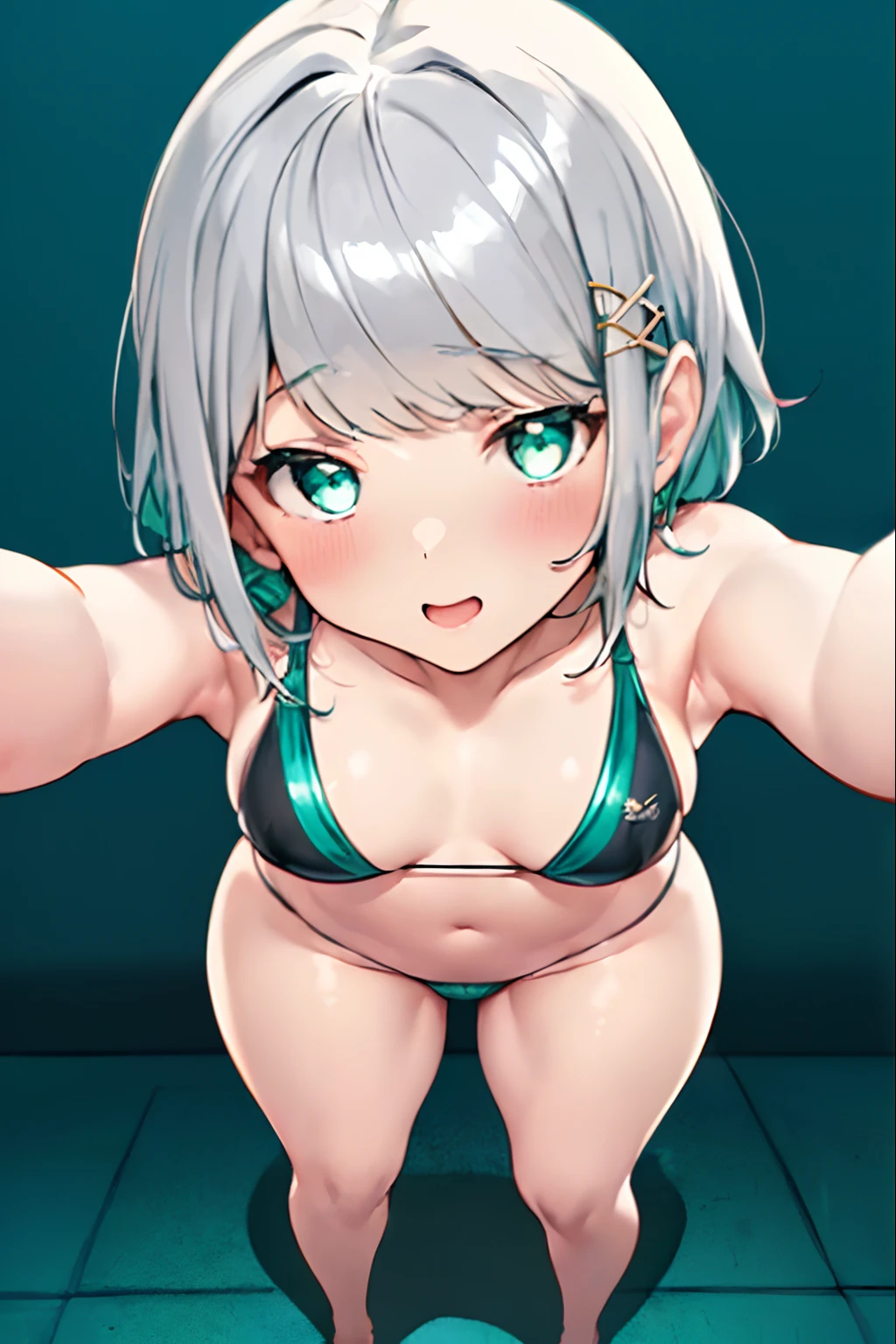 (masterpiece、top-quality:1.2)、ui3、(独奏、 1 人:1.2)、perfect anatomia, Anime girl in black micro bikini, anime illustrated, Anime girl with teal hair, (silver hair girl:1.1), (swept bangs:1.1), Anime VTuber, Single Character, charicature, Virtual YouTuber, Silver hair Shorthair, (Golden X Hair Ornament:1.1), 2022 anime style, middlebreast, Female sexy,vivd colour, natural soft light,RTX, , Beautiful fece, highest details, (详细的脸:1.2), showcase, (perfect eyes:1.1) ,8K UHD, (small breast:0.9),, breast,,full body,((thick outline)), collarbone, deep_skin, blush, shiny skin, (close-up face:1.4),(from above),(standing), (leaning forward), (arms behind head),(armpits), (looking up at viewers), simple background, white background,
cel painting 4K 8K absurdres 2D CG wallpaper illustration,