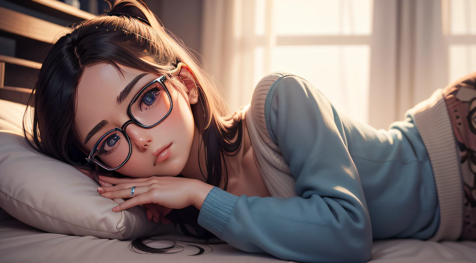 There's a woman wearing glasses, realista, With eye Glasses, deitada na cama, dormindo, Arte em estilo Guviz, pintura realista da menina bonito, arte de anime realista, anime fotorrealista, estilo realismo anime, realistic anime art style, menina anime jovem realista, arte de anime digital detalhada, Estilo anime 3D realista, bonito rosto de anime natural，Estrutura correta do dedo，Rosto bonito olhando，menina bonito