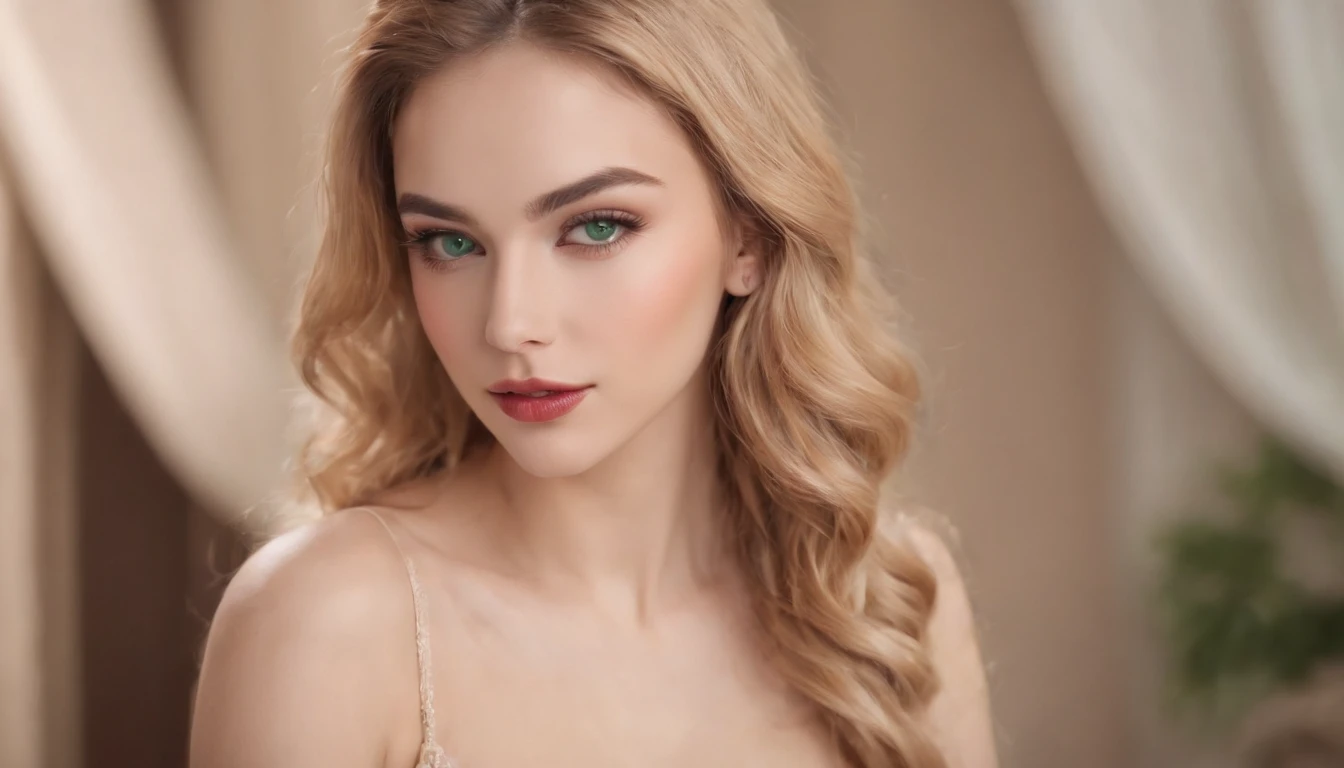 young and beautiful woman, blonde hair that falls gently in waves up to the shoulders, Medium height, big green eyes, skin fair, she's naked, she is in her bed in a doggy posture camera showing from behind she is looking back to the camera, The environment is illuminated with lights of warm and pleasant colors making her hair shine, her face is naturally serene, lips with red lipstick, 8k texture, highly detailed, realisitic, soft Cinematic Light, HDR, sharp focus, Masterpiece artwork, fotorrealisitic, rewarded photography, Canon EOS R5, 35 mm