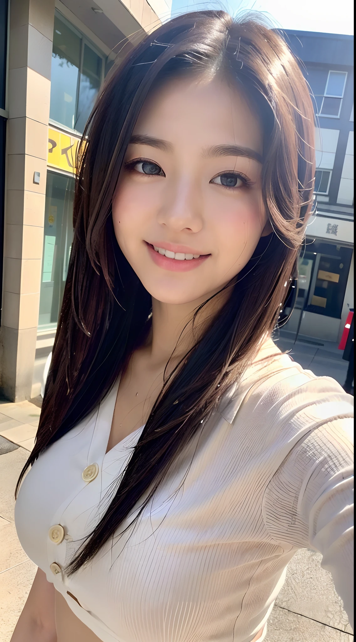 ((best qualtiy, 8k, tmasterpiece:1.3)), sharp:1.2, perfect figure beautiful woman:1.4, Slim abs:1.2, ((Layered Hair Style, huge tit:1.2)), (Long shirt with wet white buttons:1.1),(Sateen,the street:1.2),Get wet:1.5,Highly detailed facial and skin texture,A detailed eye,二重まぶた,looks into camera,Smile