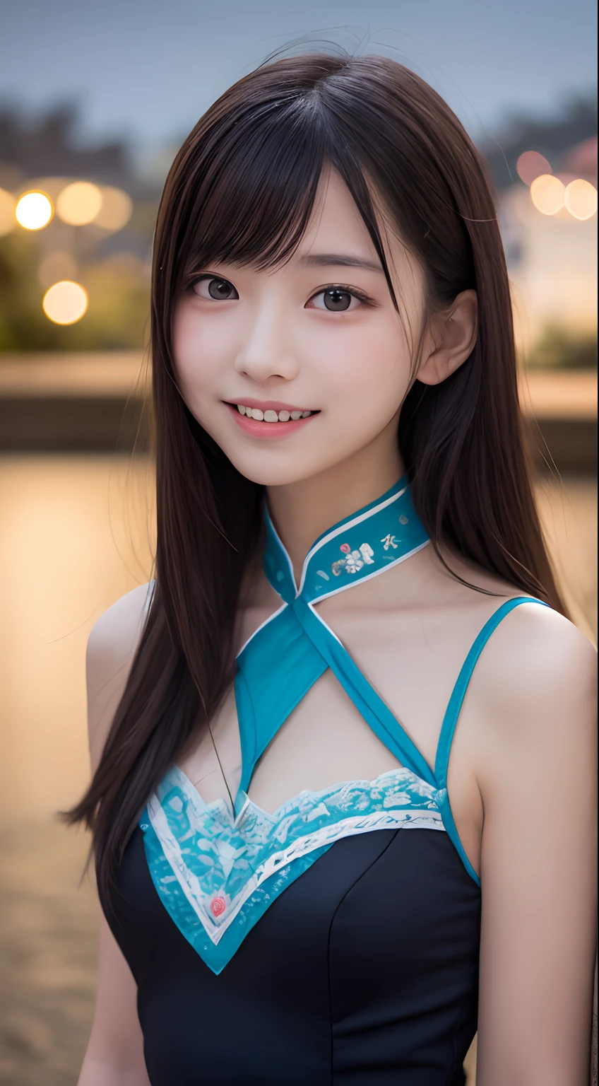 masutepiece, Best Quality, 8K, ers old, Teen, Raw photo, absurderes, award winning portrait, Smile, Solo, (Night:1.8), Idol face, violaceaess, Delicate girl, Upper body, Digital SLR, Looking at Viewer, Candid, Sophisticated,Thin arms, Professional Lighting, Film grain, chromatic abberation, (Eyes and faces with detailed:1.0), (Bokeh:1.1) , (qipao dress:1.1) , closes mouth
