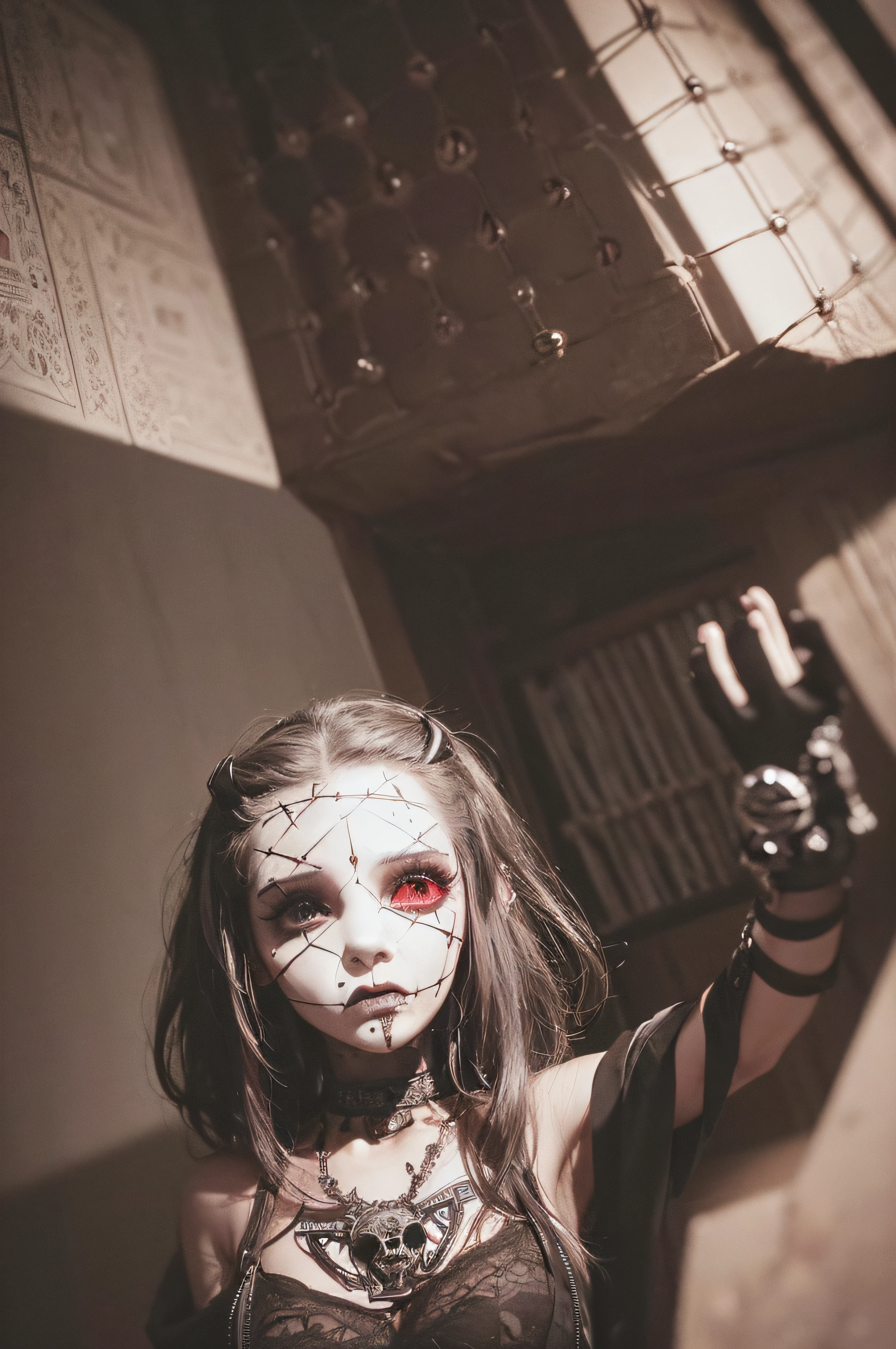 "(The best lighting, oscuro, dramatic),(feto calavera alien, Hellraiser, Cicatrices, , sexy, cerebro, sangre, una rata dentro de la cabeza, terror.),(ojos rojos, calaveras). morning light.