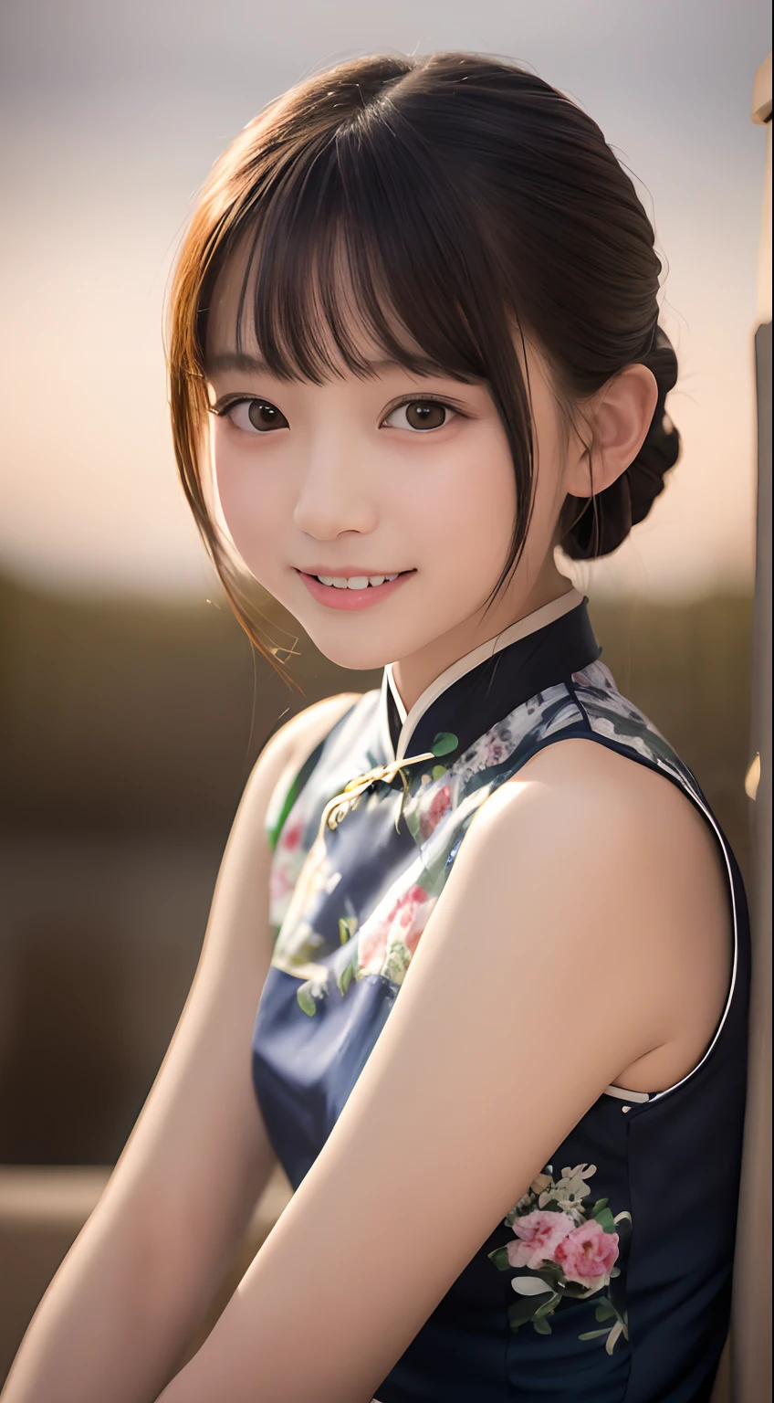table top, highest quality, 8K, 10years old student girl, Ten generations, RAW photo, absurd, award-winning portraits, (smile:0.8), alone, (night:1.8), idol face, violaces, delicate girl, Overall image, Digital single-lens reflex camera, looking at the viewer, Frank, Sophisticated,thin arms, professional lighting, face light,film grain, chromatic aberration, (Eye and face details:1.0), (Bokeh:1.1) , (white qipao dress:1.1) , close your mouth