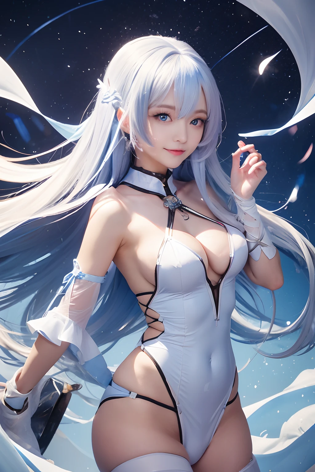 tmasterpiece，best qualityer，1girll，full bodyesbian，Long blue hair，Mummy costume，Bandages wrap around the whole body，Floating in the air，ice snow background