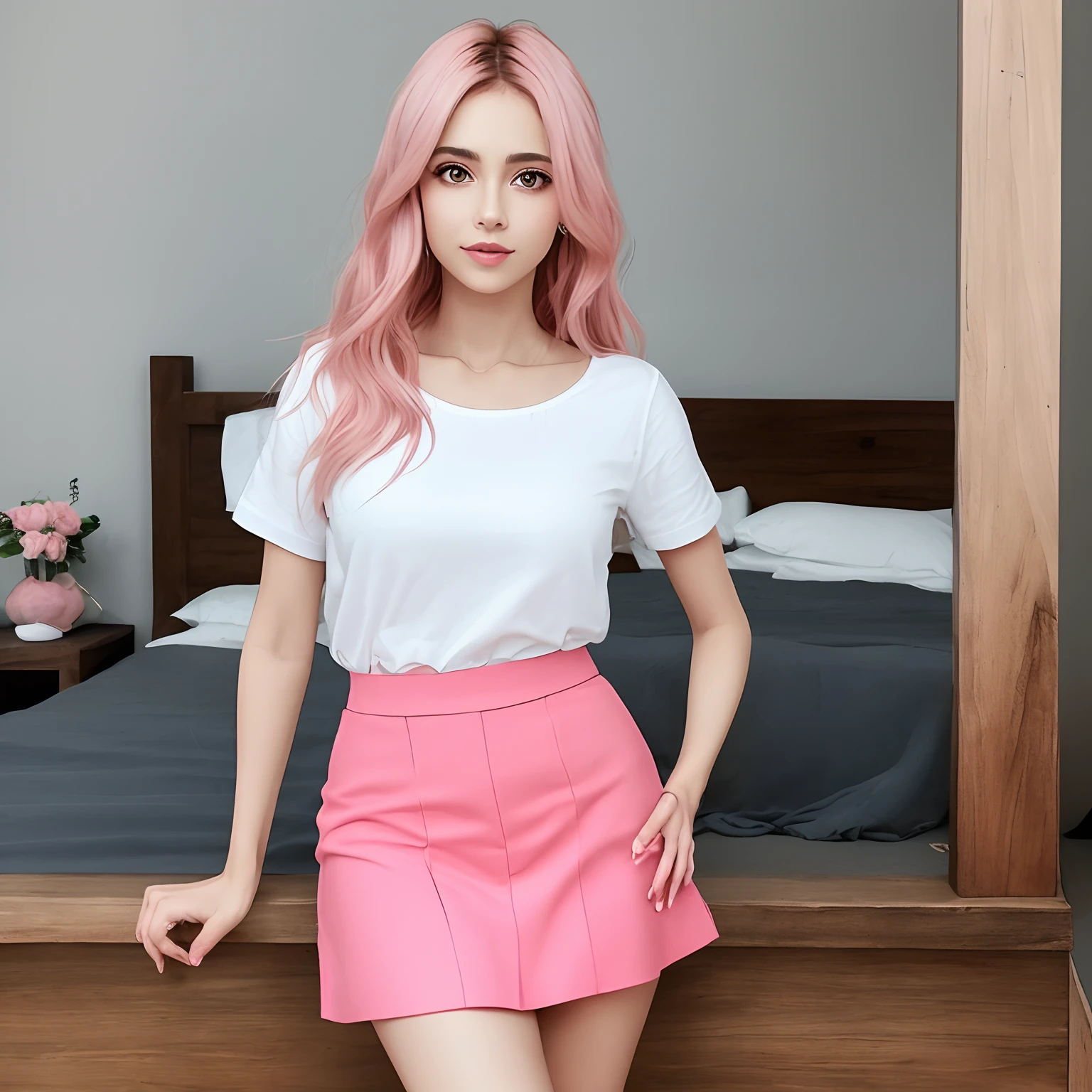 Middle breasts exposed, very detailed pink eyes, pink ones-piece stockings, super short pink shorts, very detailed face, best quality, masterpiece, very detailed, super detailed, (realistic, photorealistic: 1.3), smile, (facing forward), looking at the audience, pink shirt, pink hair, sunny day, outdoors, 1girl