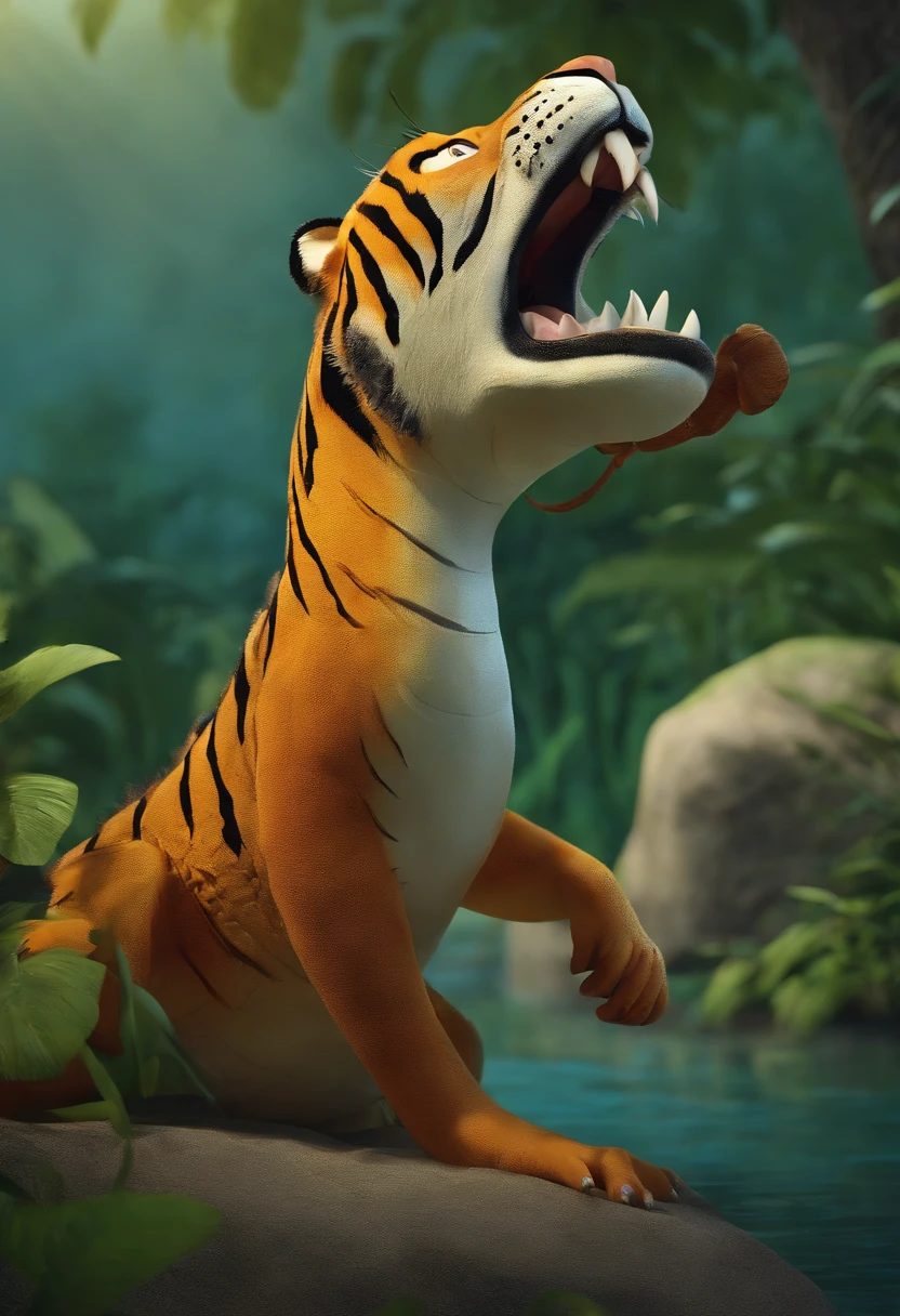Create an imaginary animal that is the union of a crocodile and a tiger, with a flexible torso for trumpet playing and standing with only two legs, produzindo uma melodia divertida e animada. em desenho animado