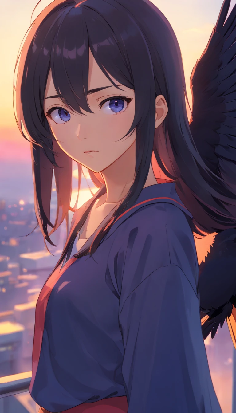 Masterpiece, Best quality, cinematic Film still from, 1girll, monstergirl, Raven woman, full bodyesbian, Portrait, Detailed (Eyes), Long (Hair), Perfect body, Proportional body, crow|raven wings, deep look, Wearing (Tops and pants), Close-up, Cool soft lighting, Sunset, (Aura:0.7)