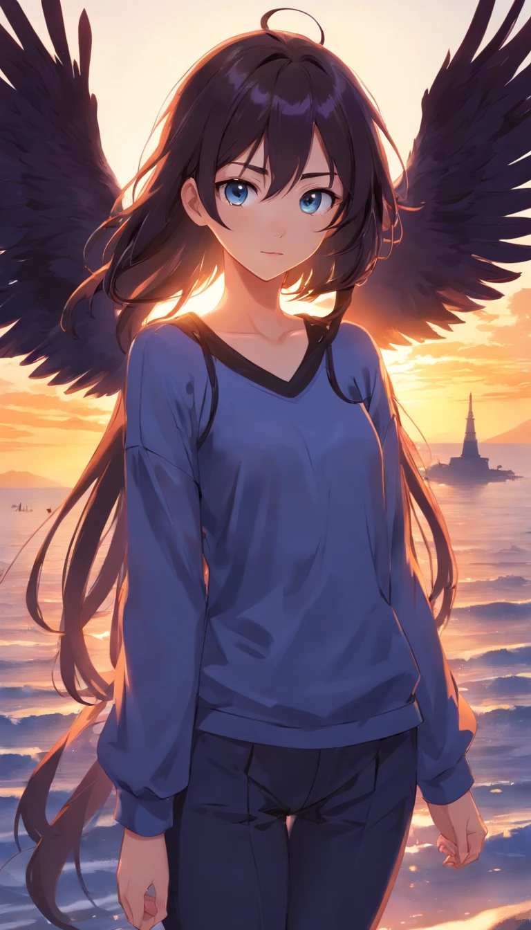 Masterpiece, Best quality, cinematic Film still from, 1girll, monstergirl, Raven woman, full bodyesbian, Portrait, Detailed (Eyes), Long (Hair), Perfect body, Proportional body, crow|raven wings, deep look, Wearing (Tops and pants), Close-up, Cool soft lighting, Sunset, (Aura:0.7)
