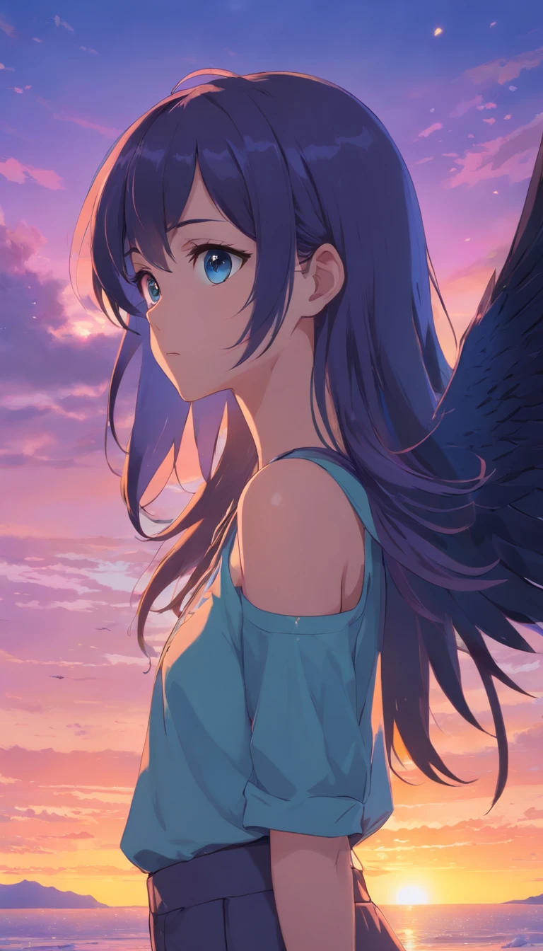 Masterpiece, Best quality, cinematic Film still from, 1girll, monstergirl, Raven woman, full bodyesbian, Portrait, Detailed (Eyes), Long (Hair), Perfect body, Proportional body, crow|raven wings, deep look, Wearing (Tops and pants), Close-up, Cool soft lighting, Sunset, (Aura:0.7)