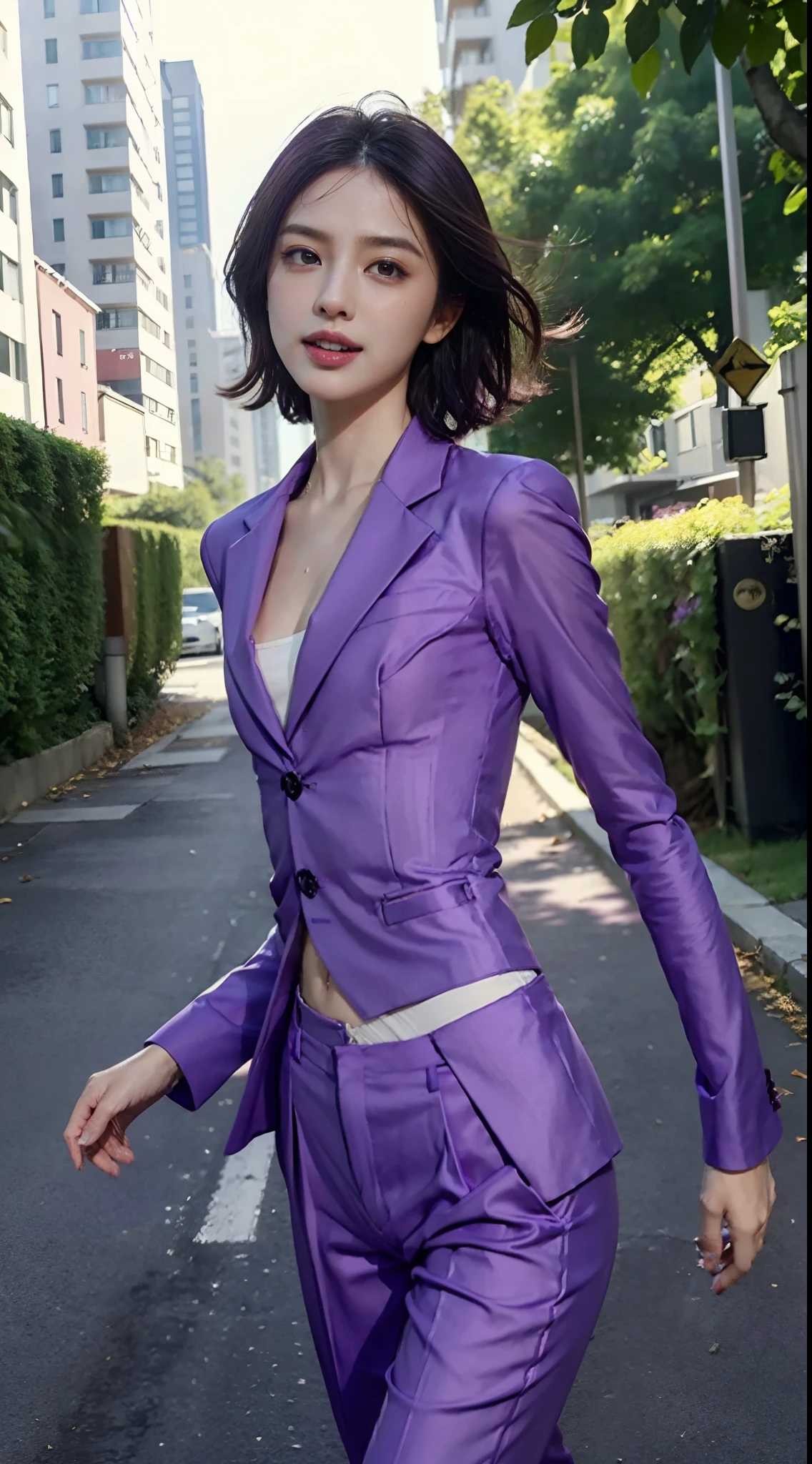 (Small underboob,Tomboyish,small heads)), (perfect bodies: 1.1), (shoulder length straight  black short hair: 1.2),attractive collarbone，（极其细致的CG 8k壁纸），（Extremely refined and beautiful），（masterpiece），（best qualtiy：1.0），（超高分辨率：1.0）,[A high resolution]，cheerfulness，smile，Smooth and flawless fair skin，ultra - detailed ，Elongated legs，（Small breasts:1.1),Flat chest,underboob,Slim，emaciated，(Purple suit:1.5),(white collared shirt:1.2),Cleavage,(purple pants:1.4),high heels,autumn, in residential areas,high-rise residential buildings,in garden,on path,(running:1.5),(Hair flying:1.3),midday sunlight,(open mouth:1.2) ,(female orgasmic:1.3), (blush:1.3),(sweat:1.6),upper body,close shot,cowboy shot