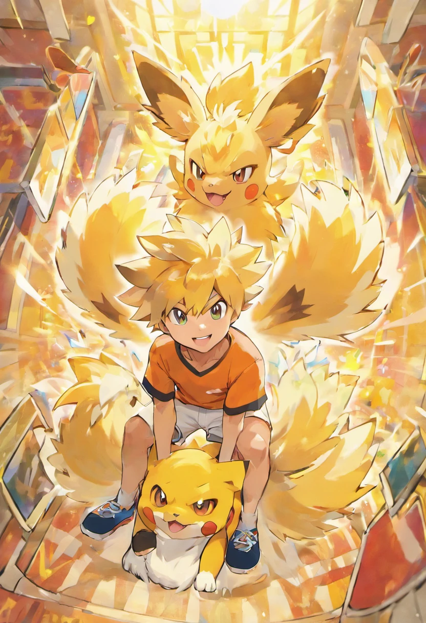best quality, high resolution, man, sunny, handsome, short hair, white short sleeves, sports shorts, happy, indoor, window, sun, game console, (TV), sitting colorful carpet, no shoes,Arcanine,Pelipper,Jolteon