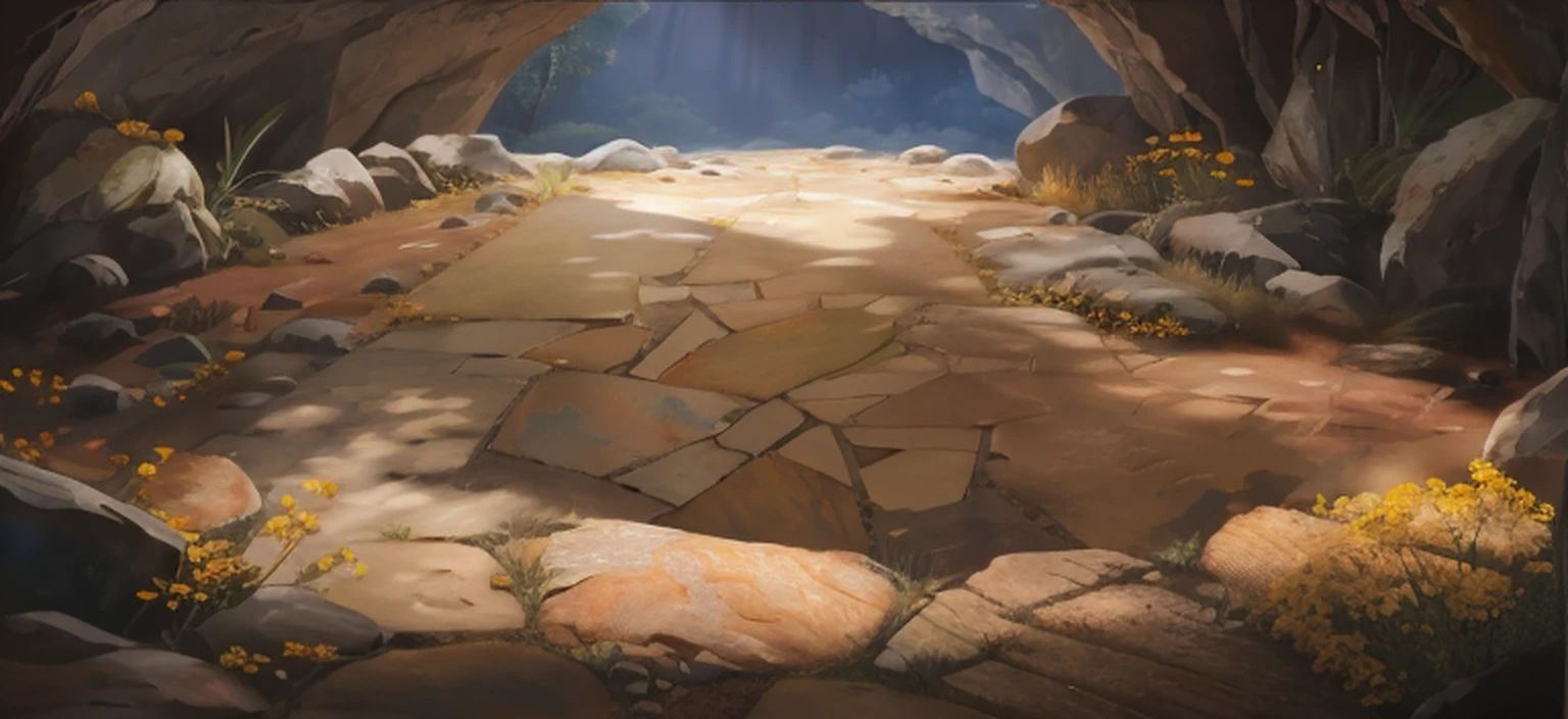 the ground,warm,flagstone road,Yellow grass,Orange flowers,Rock texture,The texture is clear,There is soil on the ground,Young shoots grow in the soil(speleothems),fanciful,Natural sunlight from the magic sphere,Ray traching,diffuselighting,vivd colour,Rochas(The is very detailed,finely detailled,iintricate),8K分辨率,