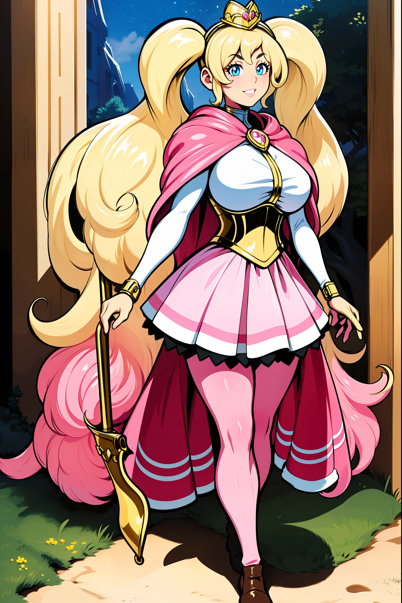 skirt vest, pantyhose, twintail, long hair, blond hair, knight, medium breast,honey lucmore,blue eyes,, walking, staff holding, cape,smile, 1character, 1girl, walking, magical girl,, solo focus, one character,pink lips, palading armor, knight, pink lipstic,best quality,4k,8k,highres,masterpiece:1.2),mega-detailed,(,1.37),portraits,vivid colors,warm tones,soft lighting,