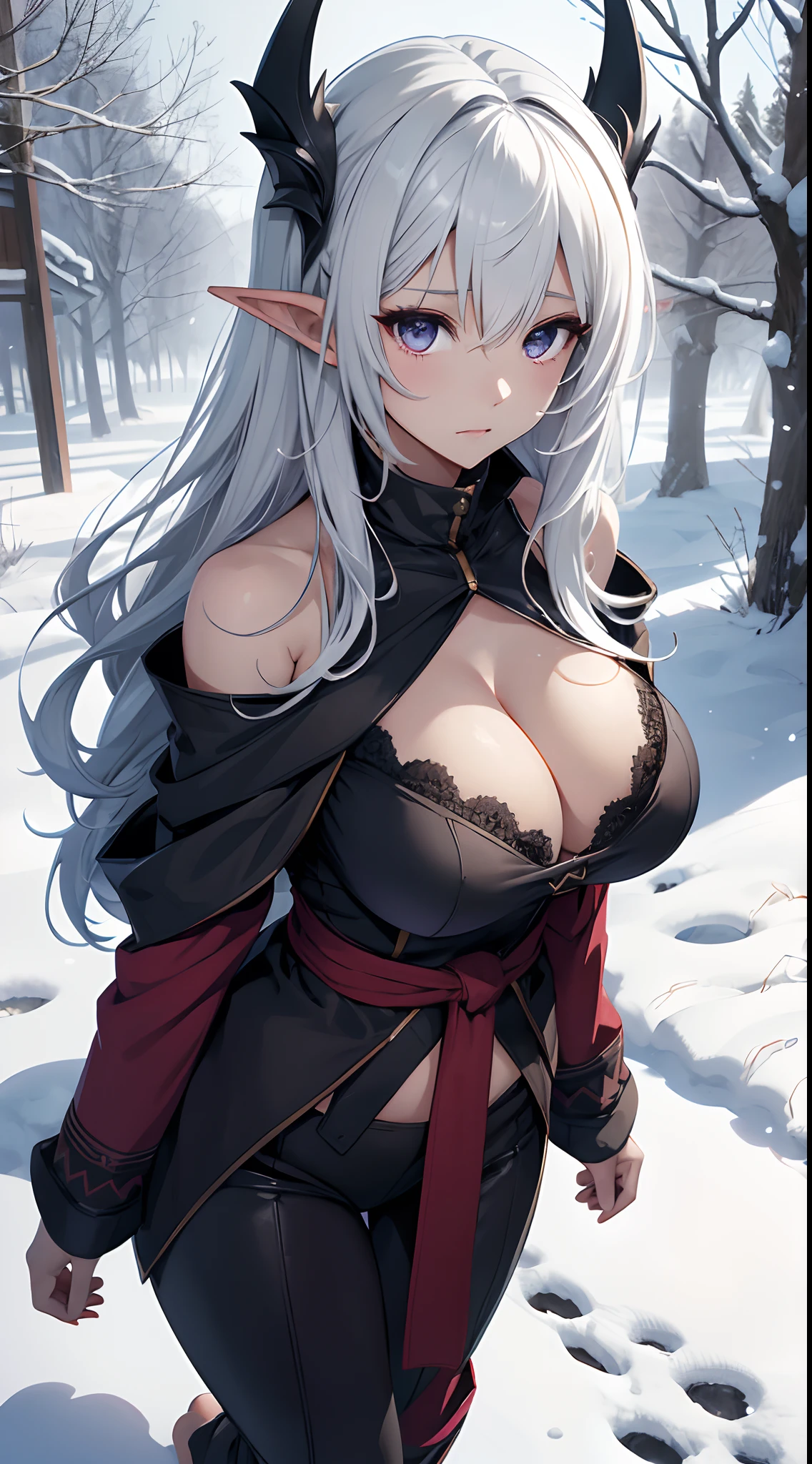 number art、Dark Elves、down jacket,Barefoot,Yuruchara style、Large breasts,Off-the-shoulder attire,nabel,Big breasts Thin waist,cleavage,Raised sexy,Be red in the face,Snowy days