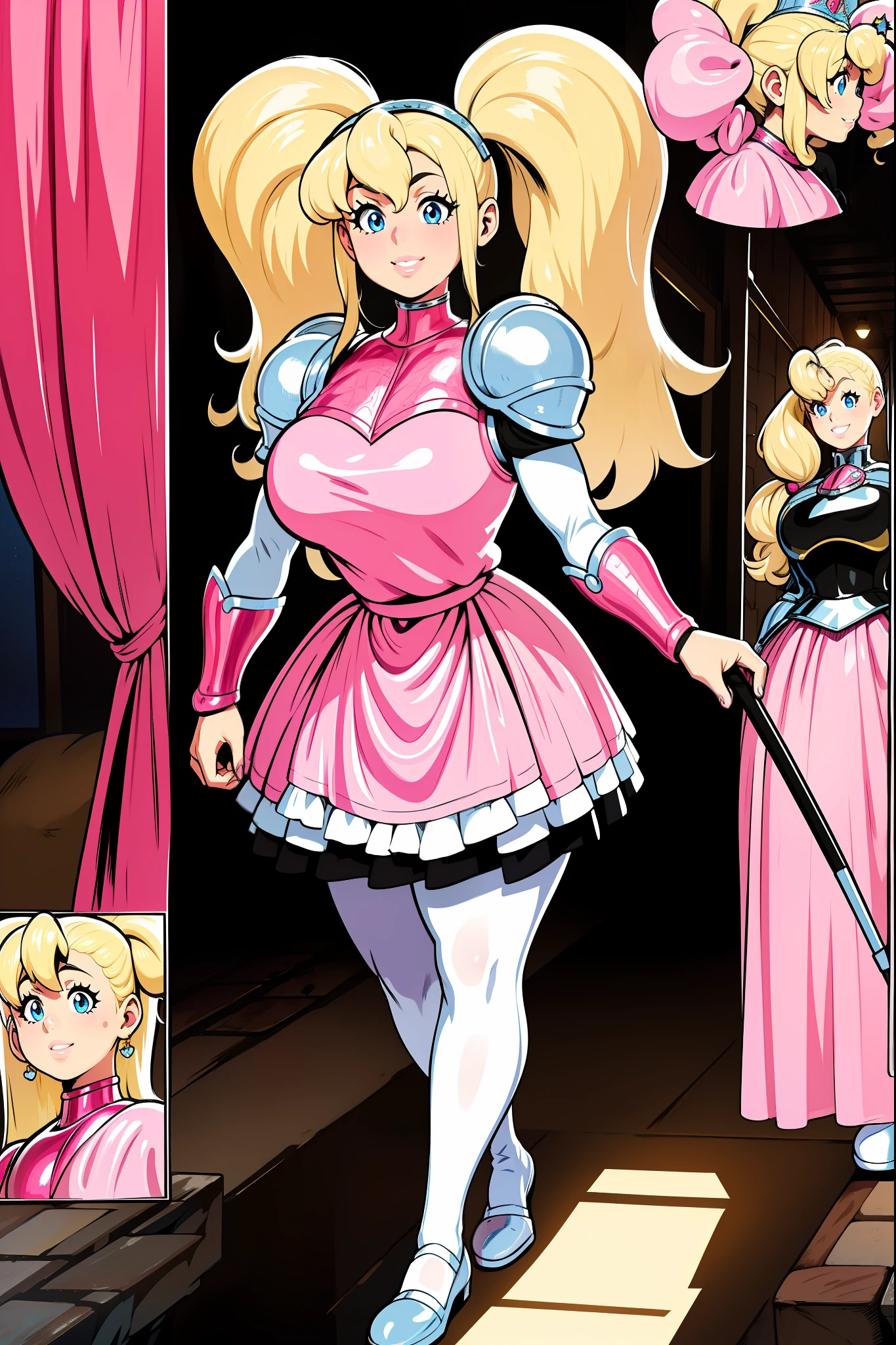 skirt vest, pantyhose, twintail, long hair, blond hair, knight, medium breast,honey lucmore,blue eyes,, walking, staff holding, cape,smile, 1character, 1girl, walking, magical girl,, solo focus, one character,pink lips, palading armor, knight, pink lipstic,best quality,4k,8k,highres,masterpiece:1.2),mega-detailed,(,1.37),portraits,vivid colors,warm tones,soft lighting,