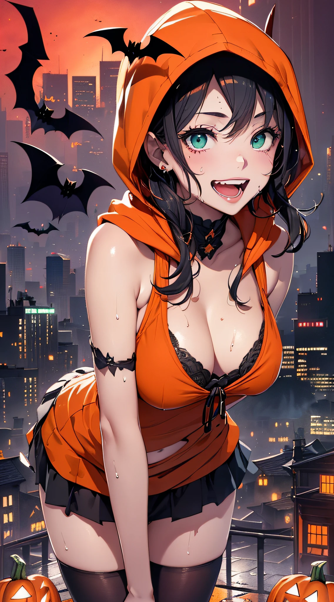 top-quality、Top image quality、​masterpiece、teens girl((18year old,Succubus、Black and orange tattered tank top,Tattered orange and black short skirt、Tattered orange short-sleeved hoodie、Wearing a hood,Best Bust、Bust 85、A dark-haired、Longhaire,Blue-green eyes、open chest wide、Valley、Happiness、A slender、the whole body is wet、Leaning forward、Prank、Laughing mouth、Pointed teeth、Black wings、Pampering、Emphasis on the chest、Gao's Arms)）hiquality、Beautiful Art、Background with((A city scape、Red sky、Red rain,Halloween、the bats、pumpkins))、masutepiece、Elaborate design、visualart、Theatrical films