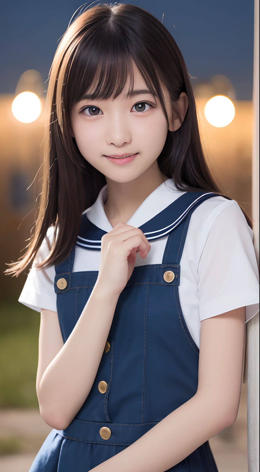 masutepiece, Best Quality, 8K, ers old, Teen, Raw photo, absurderes, award winning portrait, Smile, Solo, (Night:1.8), Idol face, violaceaess, Delicate girl, Upper body, Digital SLR, Looking at Viewer, Candid, Sophisticated,Thin arms, Professional Lighting, Film grain, chromatic abberation, (Eyes and faces with detailed:1.0), (Bokeh:1.1) , (Sailor Uniform,pinafore:1.1) , closes mouth