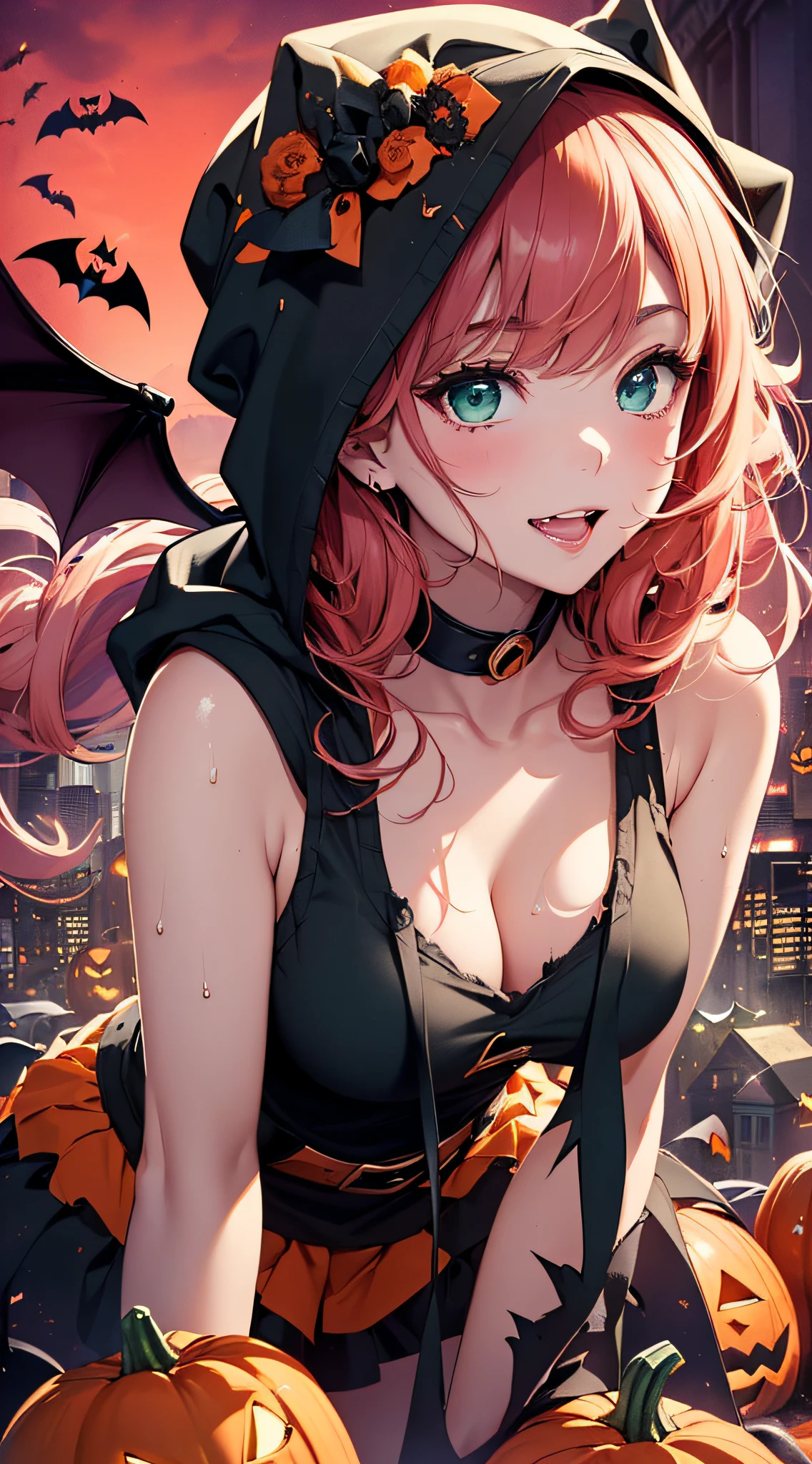 top-quality、Top image quality、​masterpiece、s girl((18year old,Succubus、Black and orange tattered tank top,Tattered orange and black short skirt、Tattered orange short-sleeved hoodie、Wearing a hood,Best Bust、Bust 85、A dark-haired、Longhaire,Blue-green eyes、open chest wide、Valley、Happiness、A slender、the whole body is wet、Leaning forward、Prank、Laughing mouth、Pointed teeth、Black wings、Pampering、Emphasis on the chest、Gao's Arms)）hiquality、Beautiful Art、Background with((A city scape、Red sky、Red rain,Halloween、the bats、pumpkins))、masutepiece、Elaborate design、visualart、Theatrical films
