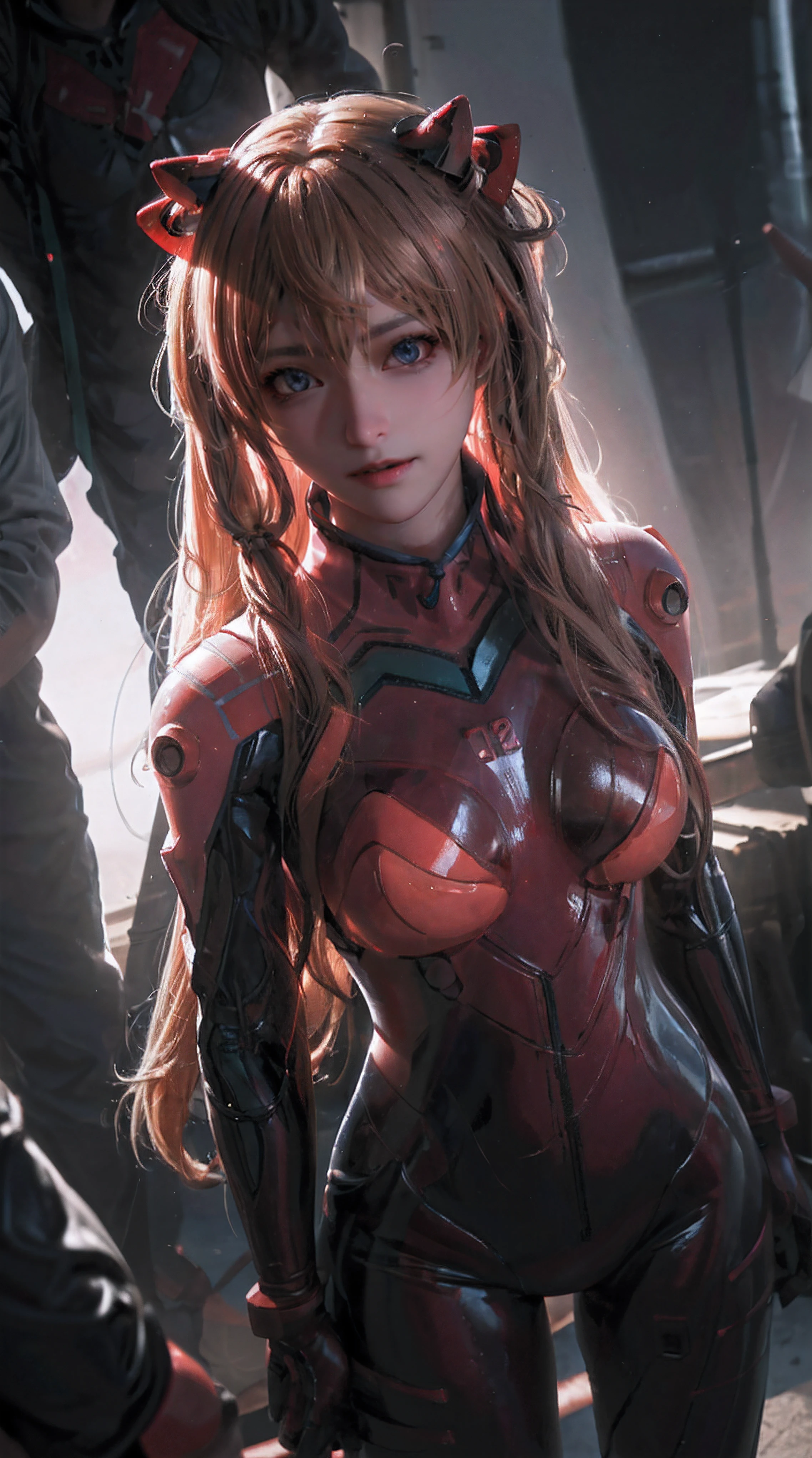 Raw, cinematic shot, (sharp focus:1.5), (photorealistic:1.4), twilight lighting, volumetric lighting, ultra high res, 16K,dramatic lighting, 1girl, beautiful face, asuka cosplay costume, cosplay, plugsuit, bodysuit, hair ornament,