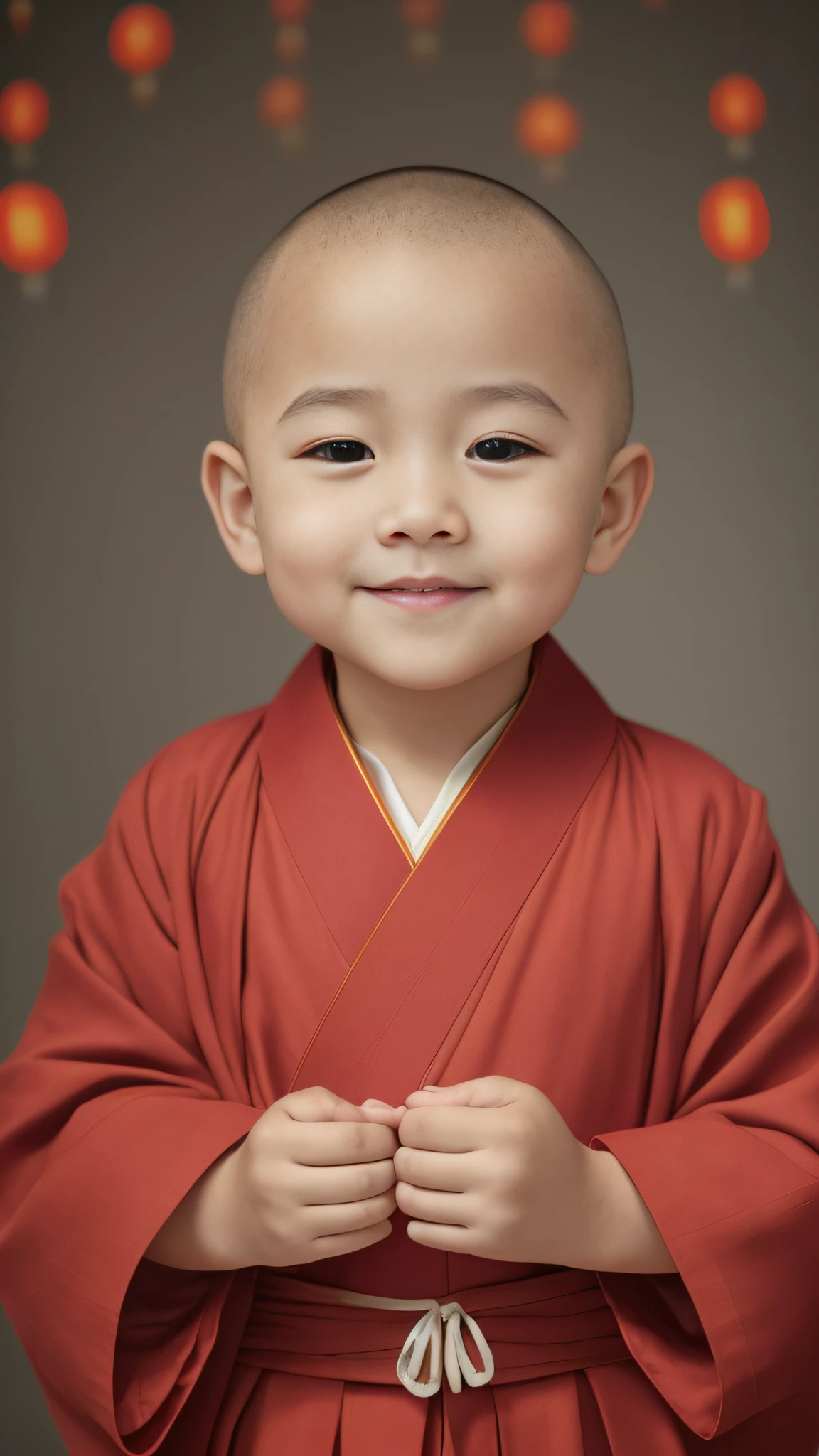 Close-up of a bald child in a robe, lovely digital painting, monk clothes, high quality portrait, ancient japanese monk, buddhist monk, portrait of monk, Buddhist, monk, wears long red robe, cute portrait, Portrait shooting, 2 1 st century monk, dressed in simple robes, Cute boy, Innocent smile, Chinese traditional, Yan, wearing a long flowing robe,(((There are a lot of Chinese lanterns in the background)))