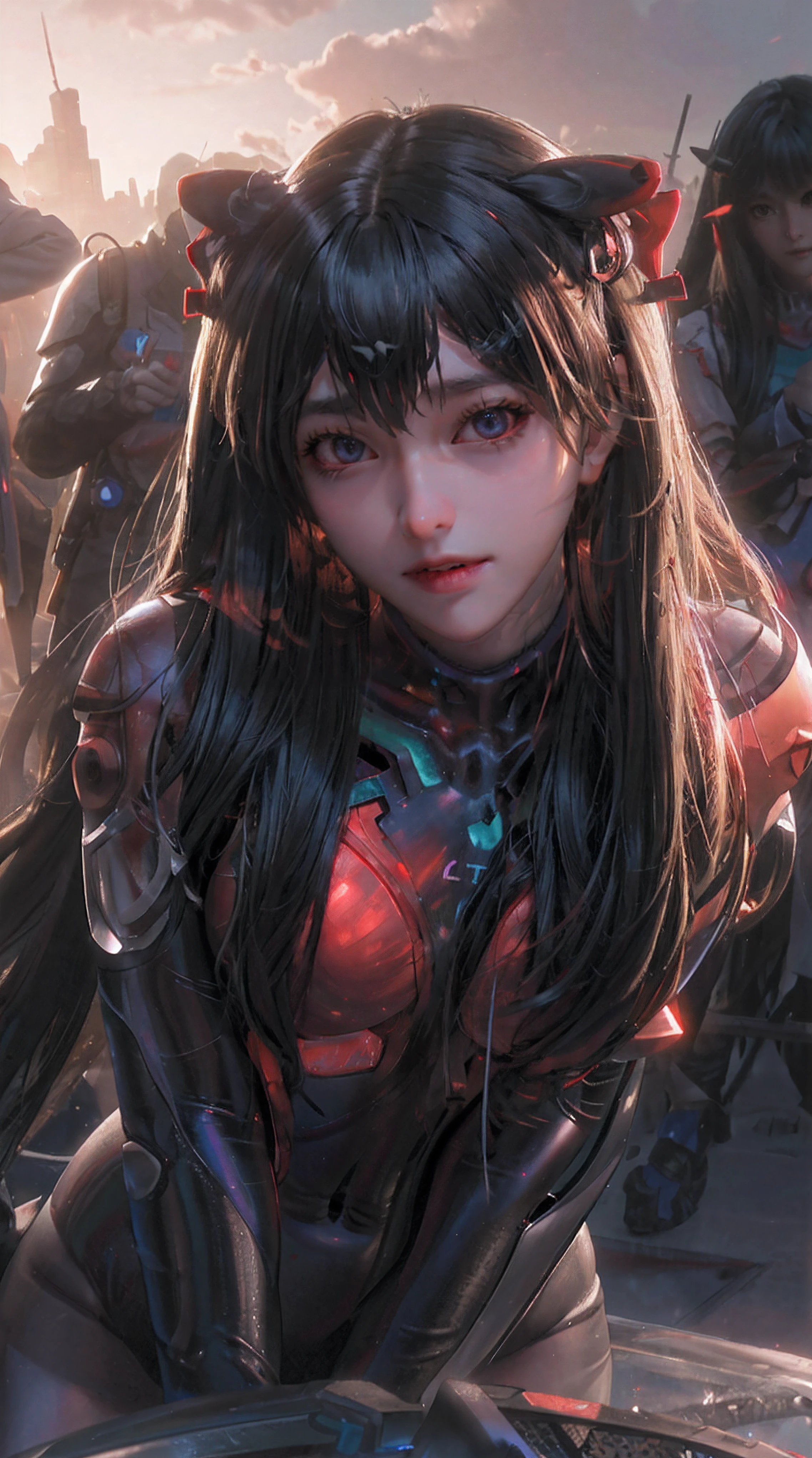 Raw, cinematic shot, (sharp focus:1.5), (photorealistic:1.4), twilight lighting, volumetric lighting, ultra high res, 16K,dramatic lighting, 1girl, beautiful face, asuka cosplay costume, cosplay, plugsuit, bodysuit, hair ornament,