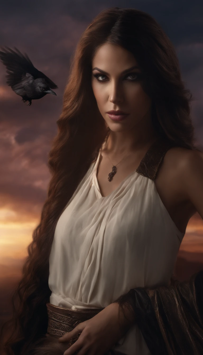 Masterpiece, Best quality, cinematic Film still from, 1girll, monstergirl, Raven woman, full bodyesbian, Portrait, Detailed (Eyes), Long (Hair), Perfect body, Proportional body, crow|raven wings, deep look, Wearing (Tops and pants), Close-up, Cool soft lighting, Sunset, (Aura:0.7)