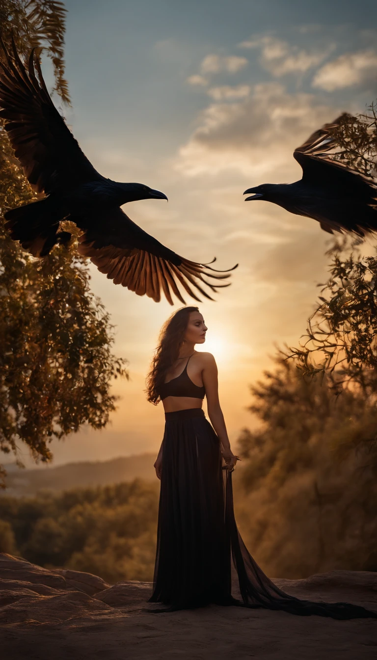 Masterpiece, Best quality, cinematic Film still from, 1girll, monstergirl, Raven woman, full bodyesbian, Portrait, Detailed (Eyes), Long (Hair), Perfect body, Proportional body, crow|raven wings, deep look, Wearing (Tops and pants), Close-up, Cool soft lighting, Sunset, (Aura:0.7)