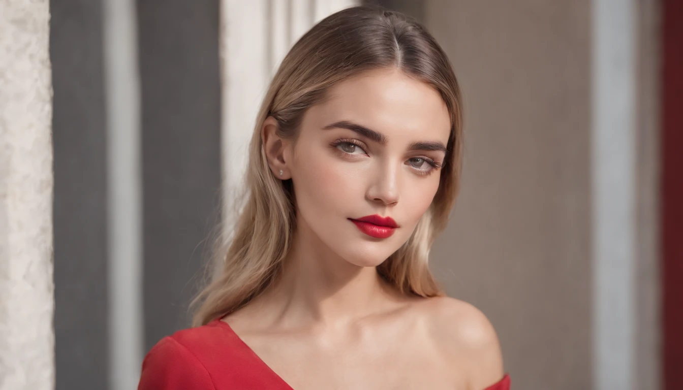 (Masterpiece, high resolucion, Realistis:1.4), (Southern Italian young woman:1.3), (Intense grey eyes that radiate brilliance:1.3), (Modern and stylish blonde:1.2), (Thick and neat black eyebrows:1.2), (Perfectly sculpted slender nose:1.2), (plump and seductive lips:1.2), (Immaculate sunburned complexion:1.3), (Relaxed and chic red outfit:1.2), (An eye-level angle that captures her essence:1.2), (Canon EOS R6 Mirrorless Camera:1.2), (Pairing with Canon RF 50mm f/1.2L USM lens:1.2), (It captures her features exquisitely.:1.2), (Bringing out the beauty of nature:1.2), (An event celebrating the charm of the Mediterranean:1.1).
